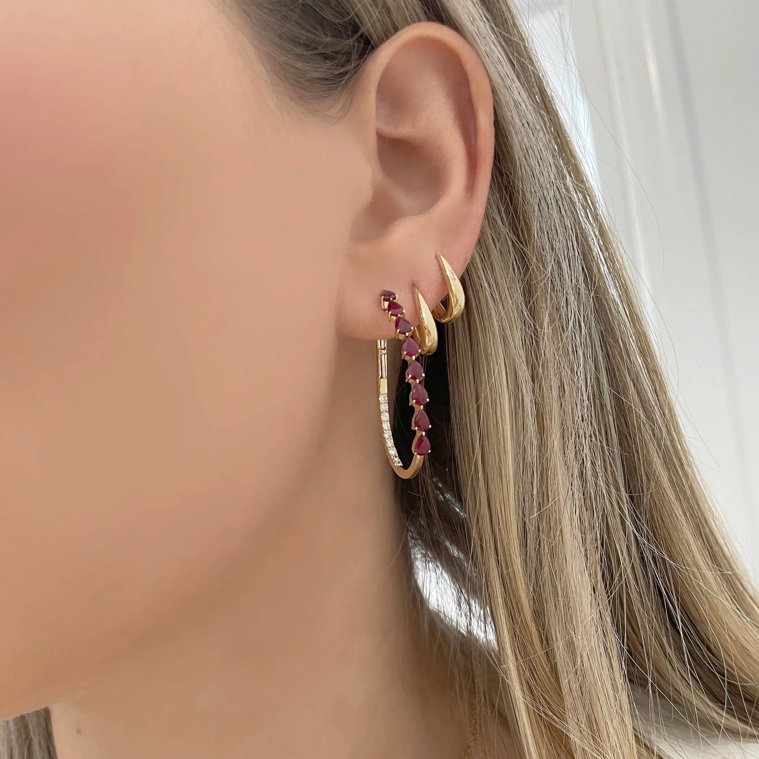 14K GOLD DIAMOND AND RUBY RACHEL HOOPS