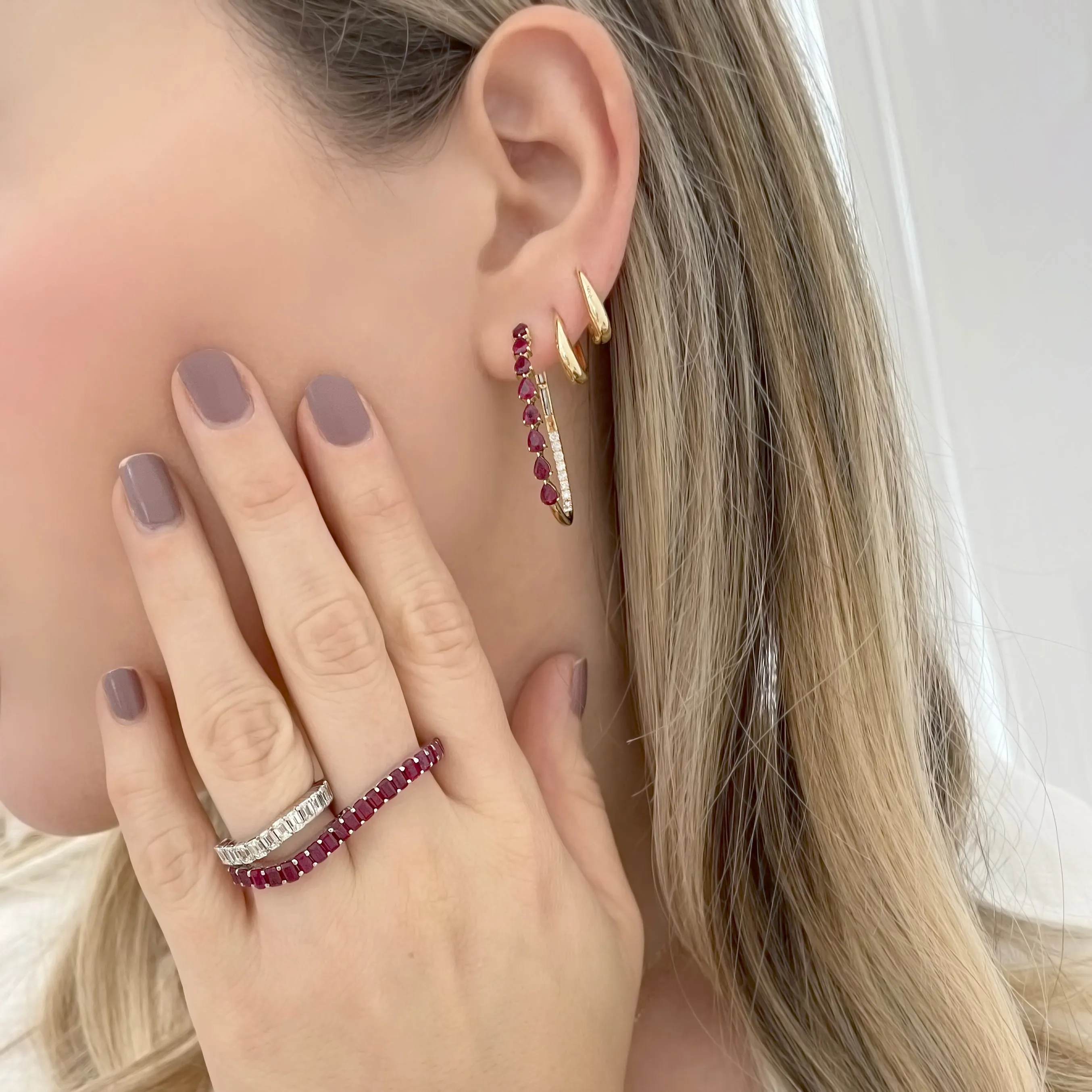 14K GOLD DIAMOND AND RUBY RACHEL HOOPS