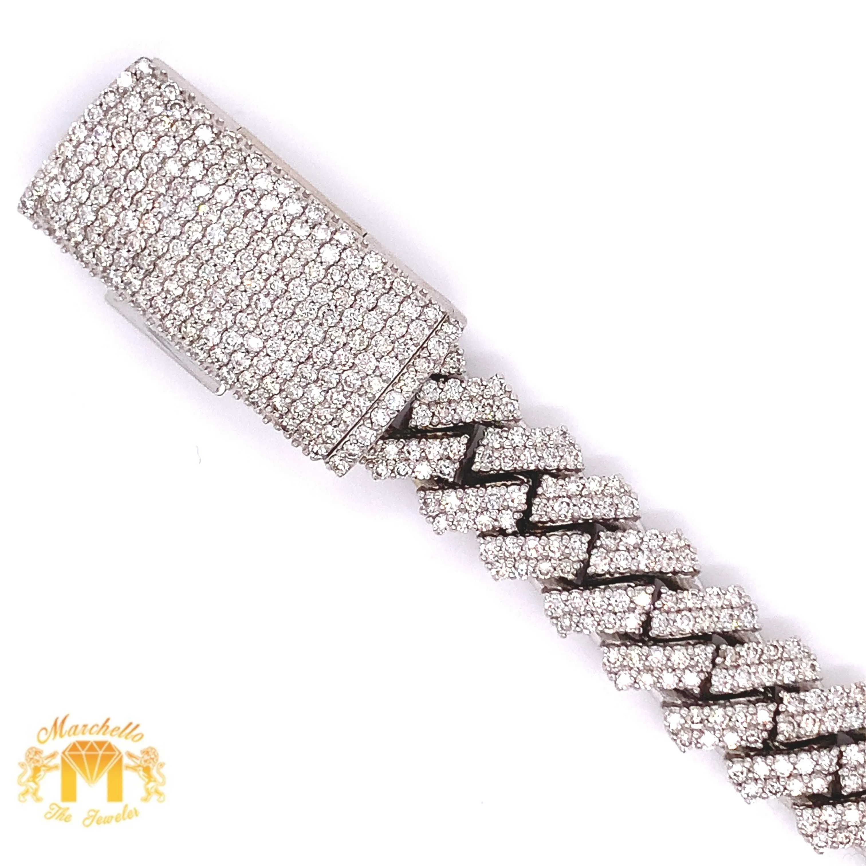 14k White Gold 11.6mm Digital Cuban Bracelet with Round Diamond (solid, prong setting)