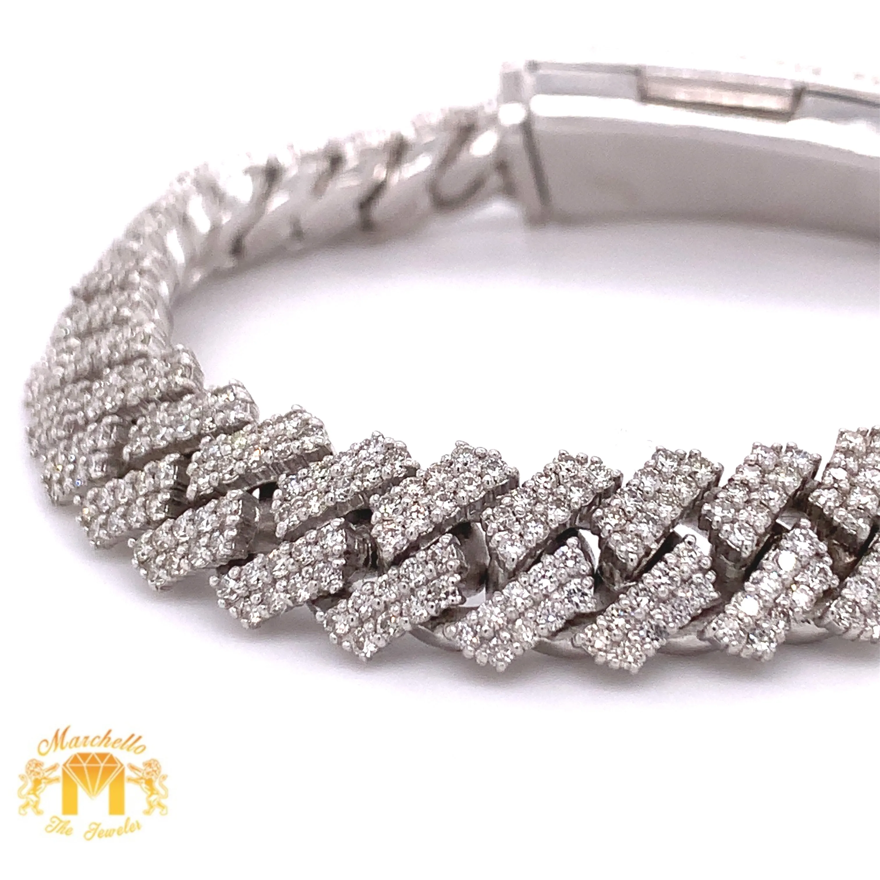 14k White Gold 11.6mm Digital Cuban Bracelet with Round Diamond (solid, prong setting)