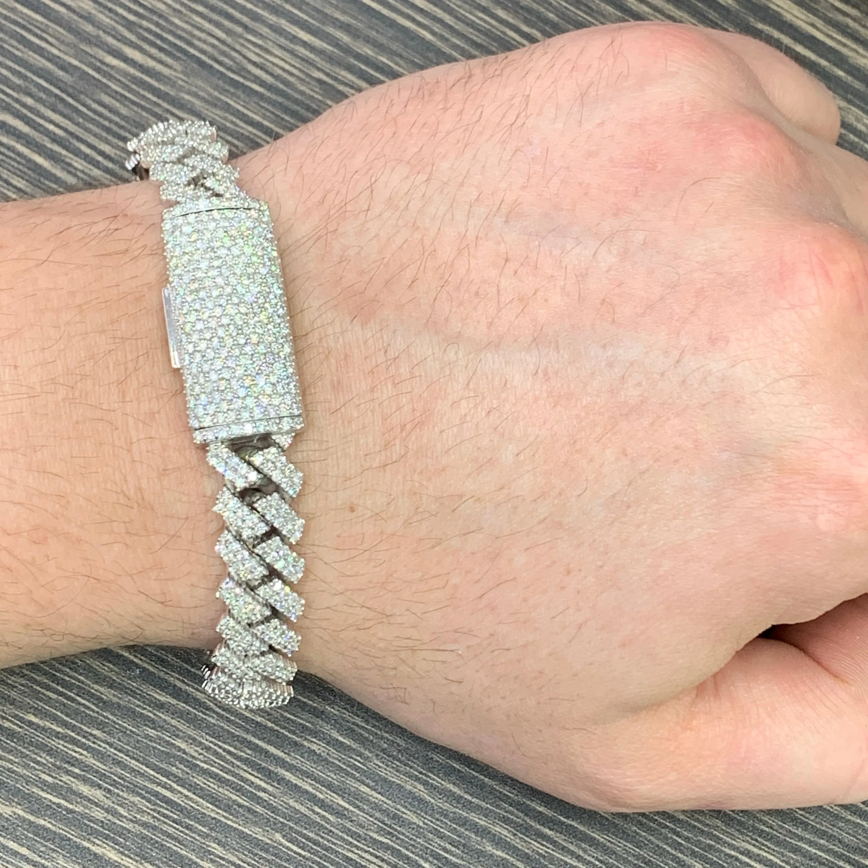 14k White Gold 11.6mm Digital Cuban Bracelet with Round Diamond (solid, prong setting)
