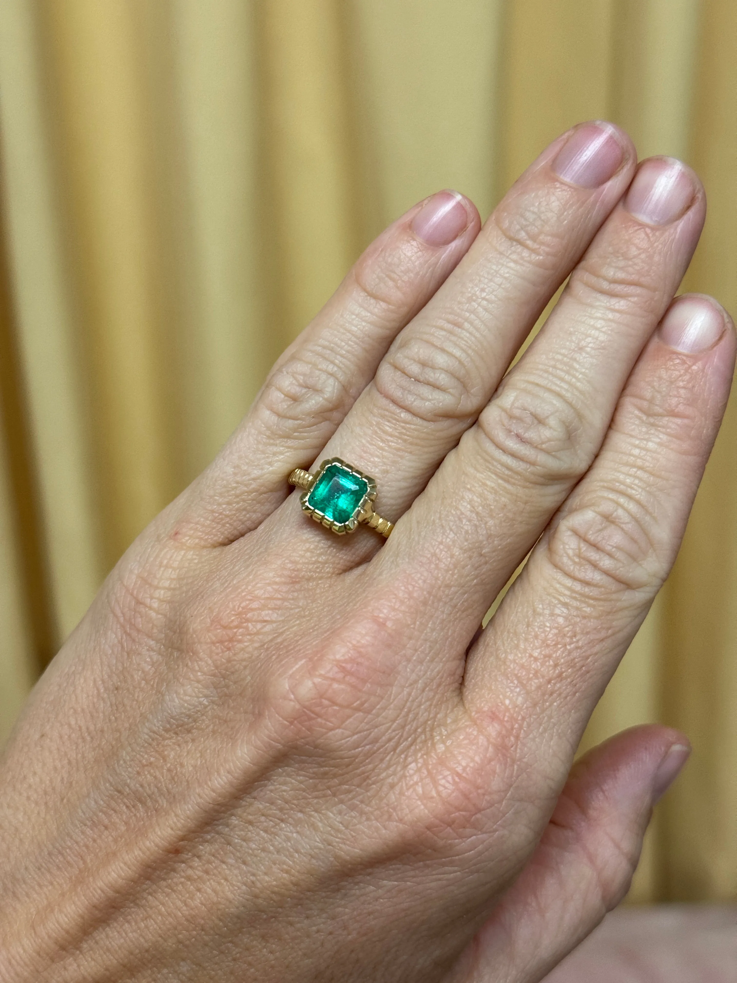 1.61ct Emerald Cut Emerald Heirloom Bezel Ring
