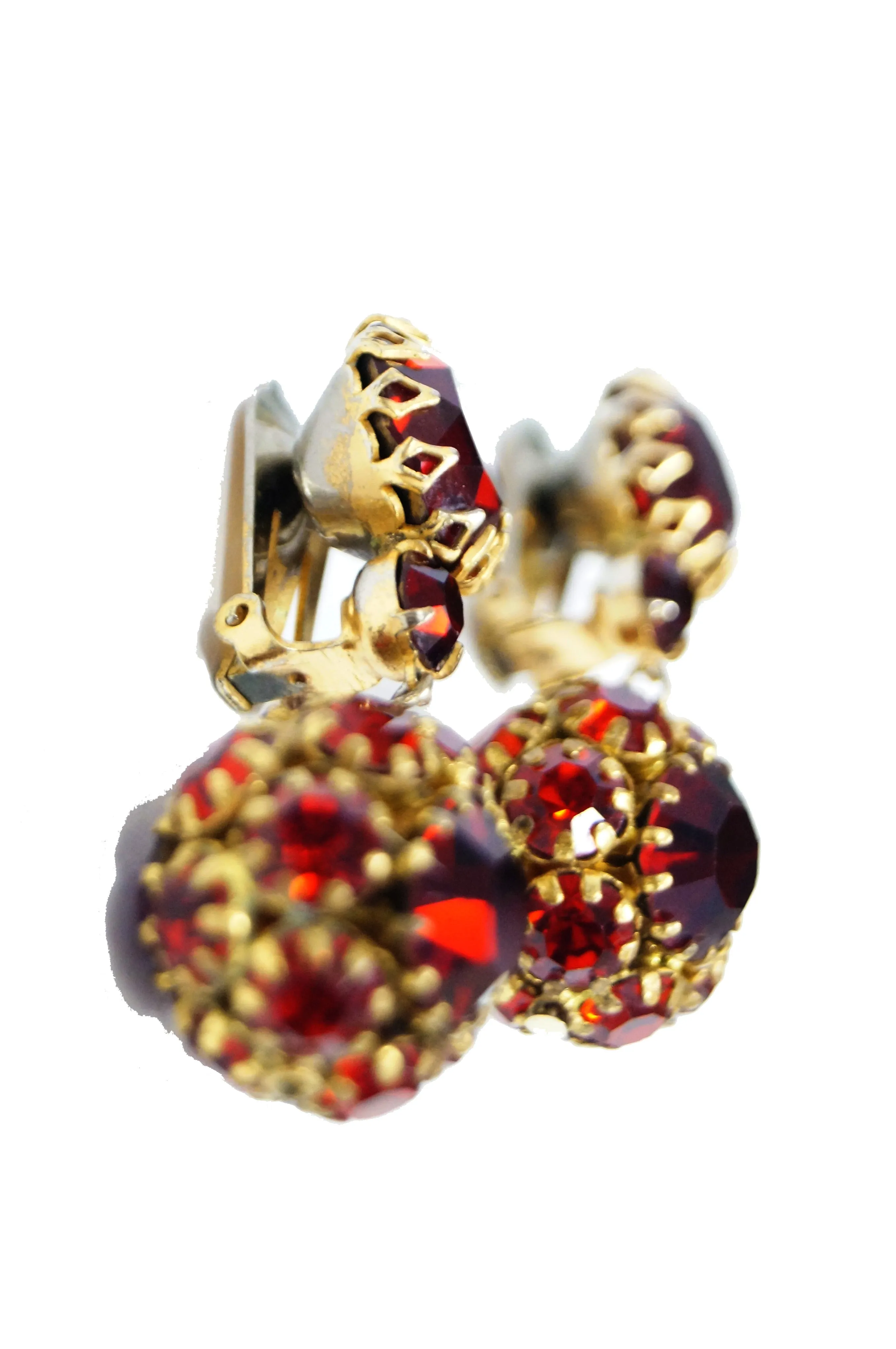 1940s Hattie Carnegie Ruby Red Rhinestone Drop Earrings