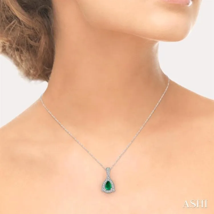 6x4 mm Pear Shape Emerald and 1/10 Ctw Round Cut Diamond Pendant in 10K White Gold with Chain