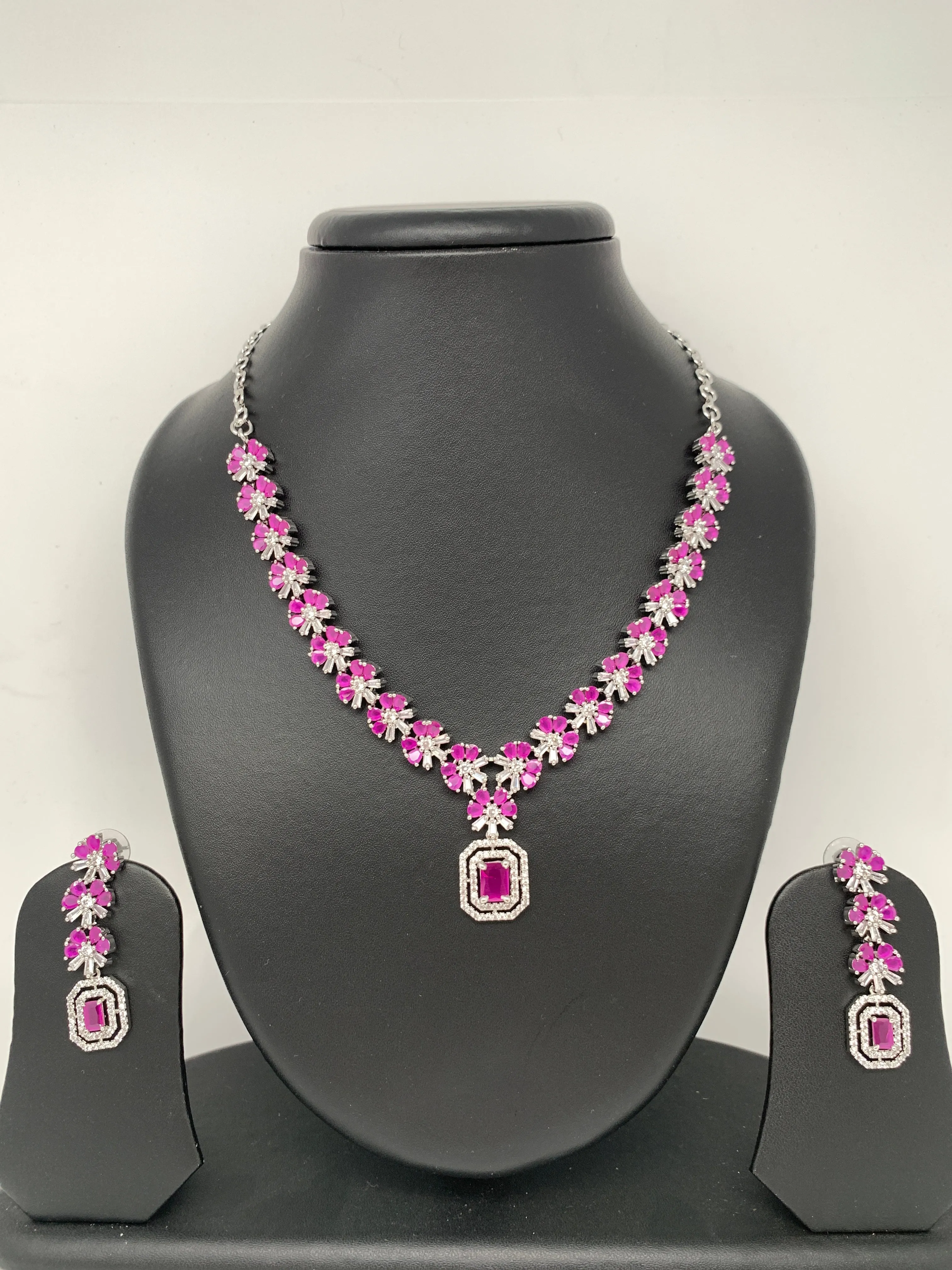 AD Silver Polish Pink Stone Short Necklace
