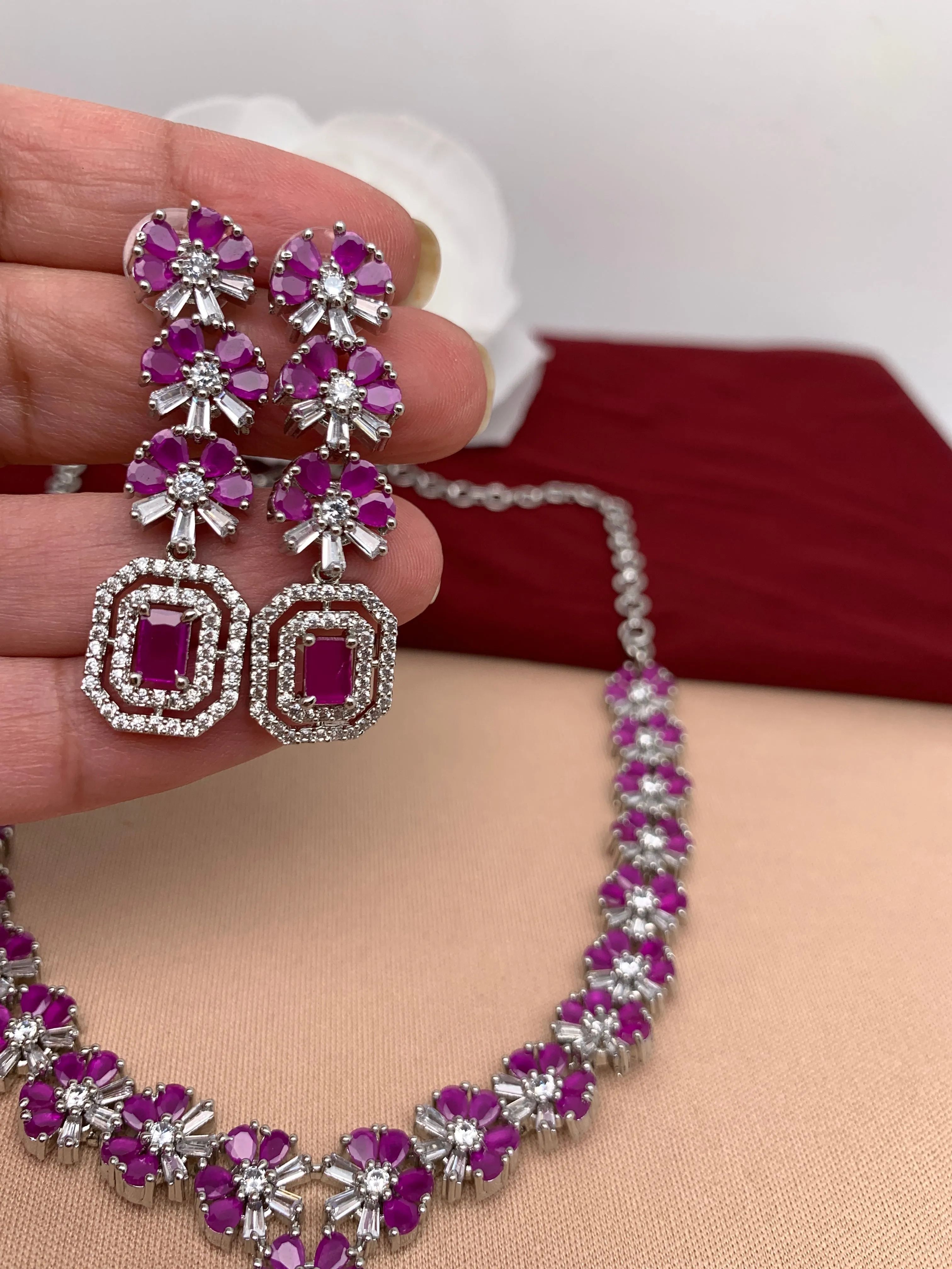 AD Silver Polish Pink Stone Short Necklace