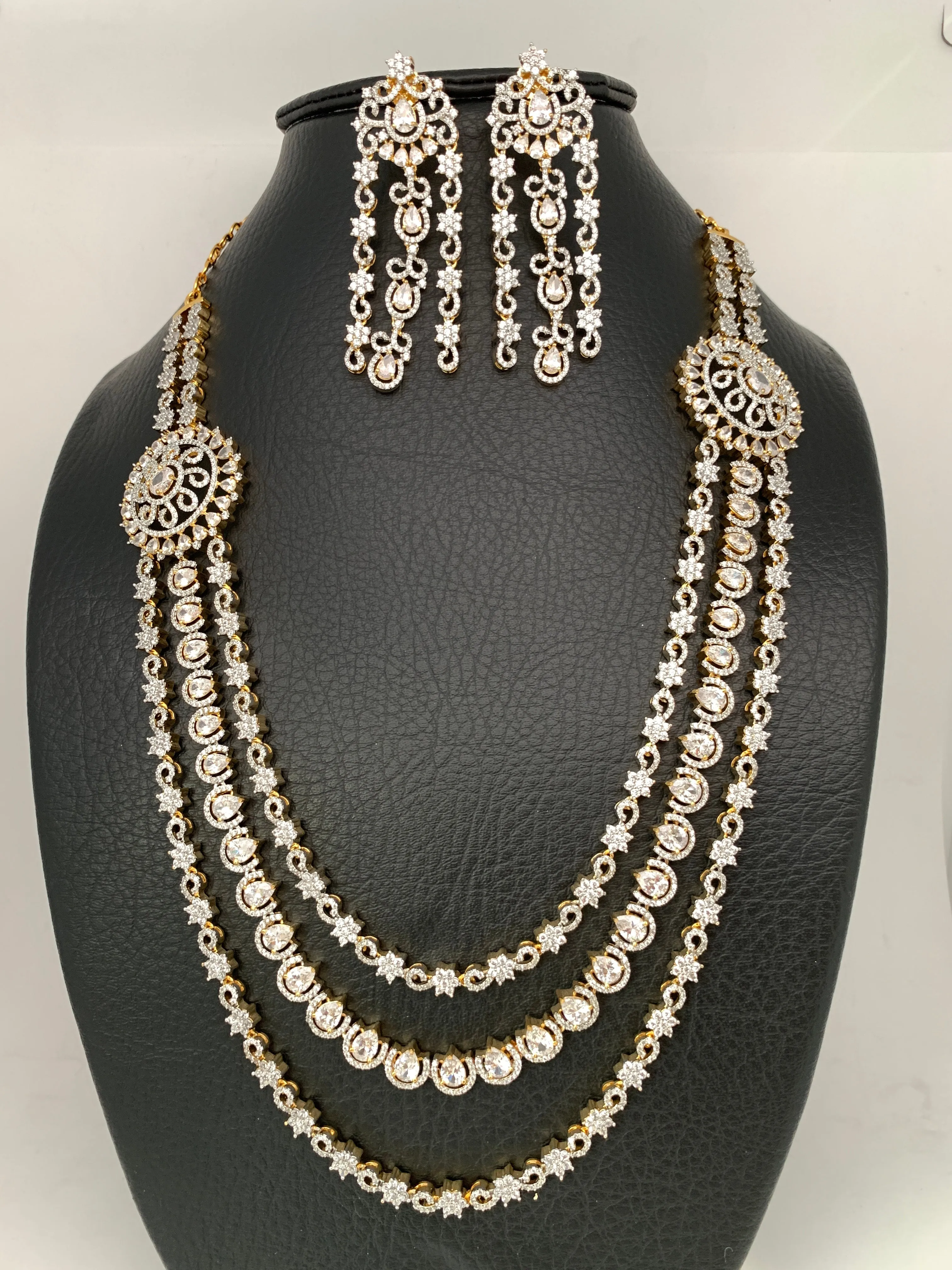 AD Uncut Diamond Triple Layer Long Necklace