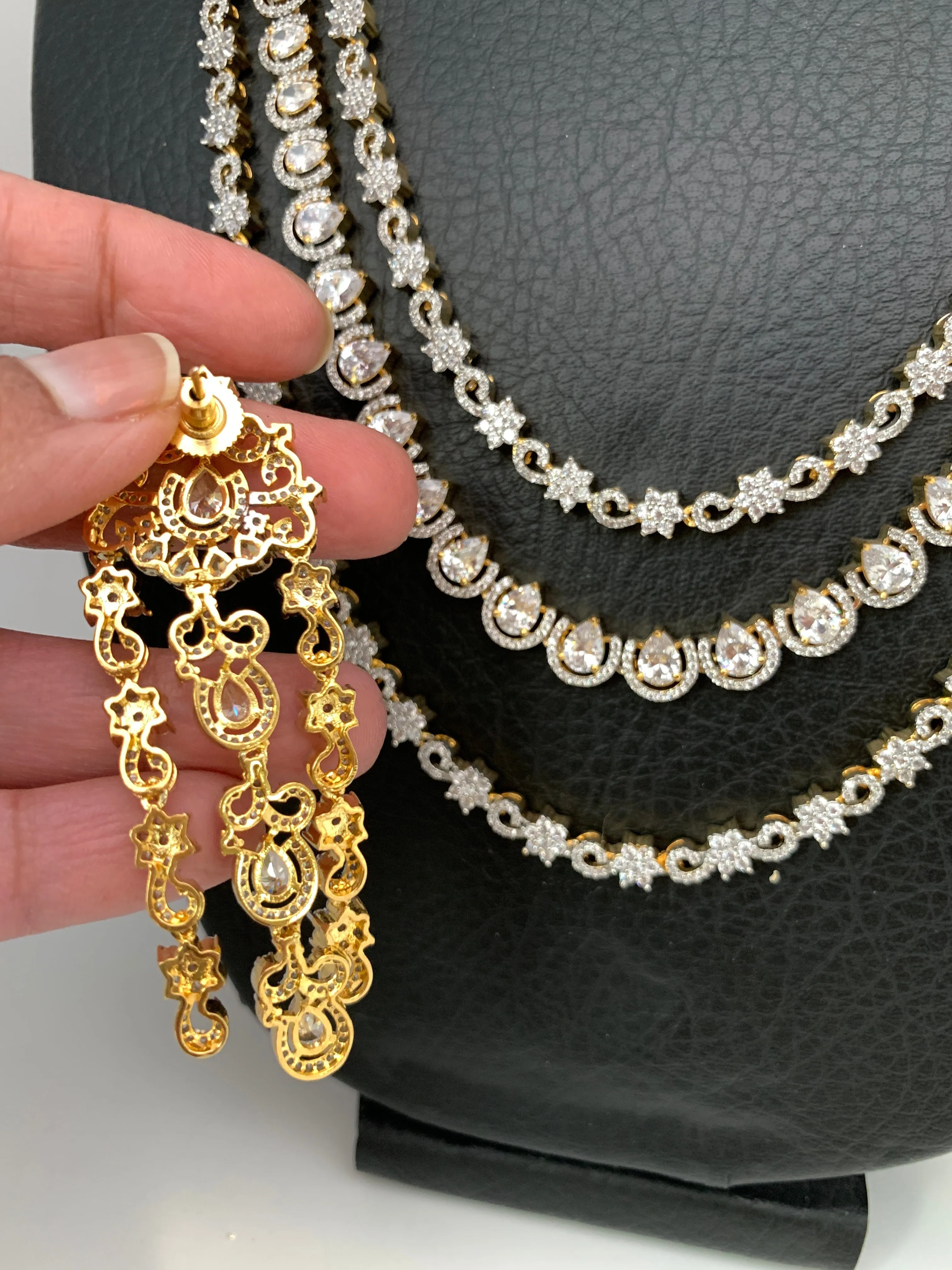AD Uncut Diamond Triple Layer Long Necklace