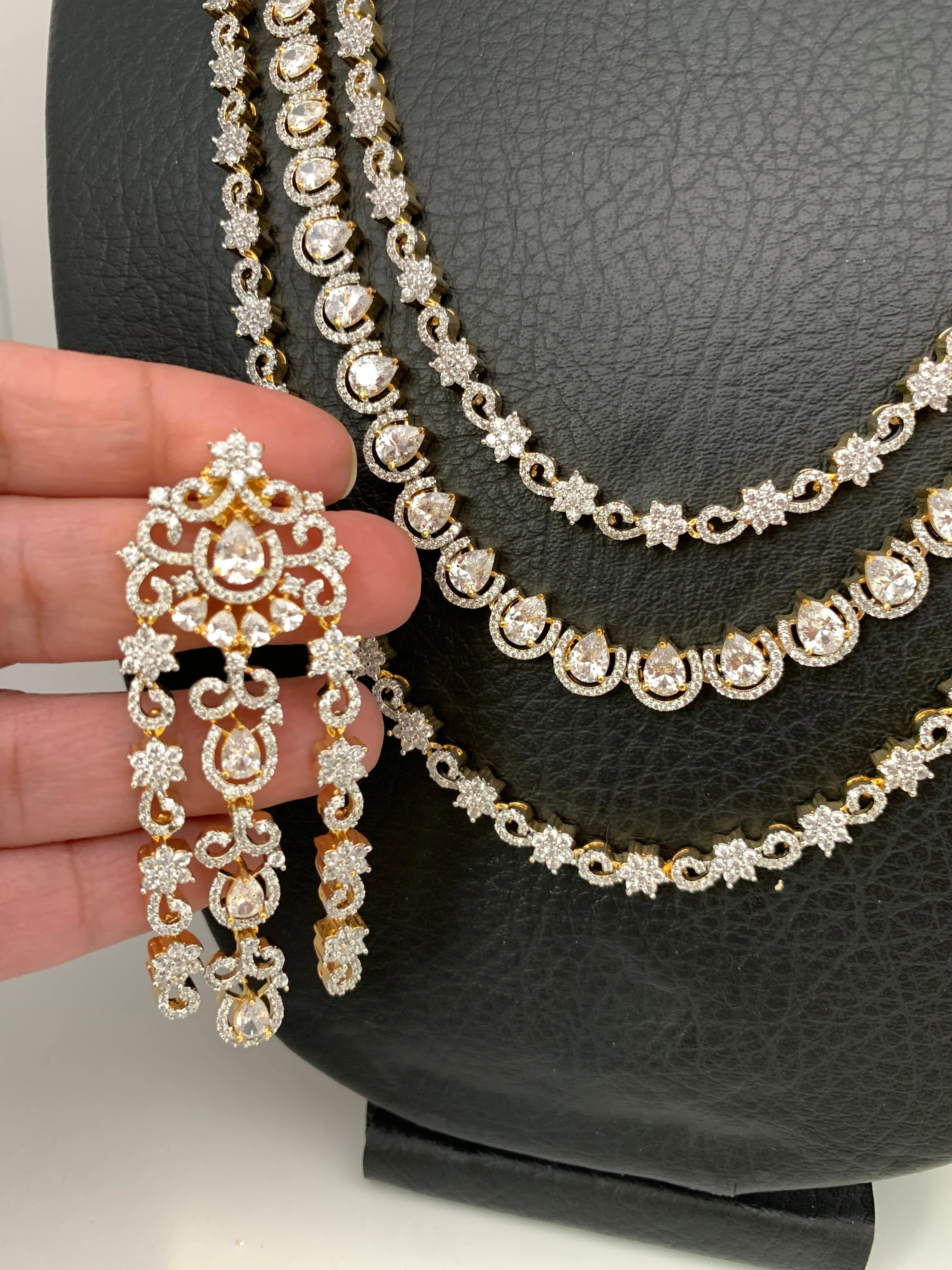 AD Uncut Diamond Triple Layer Long Necklace