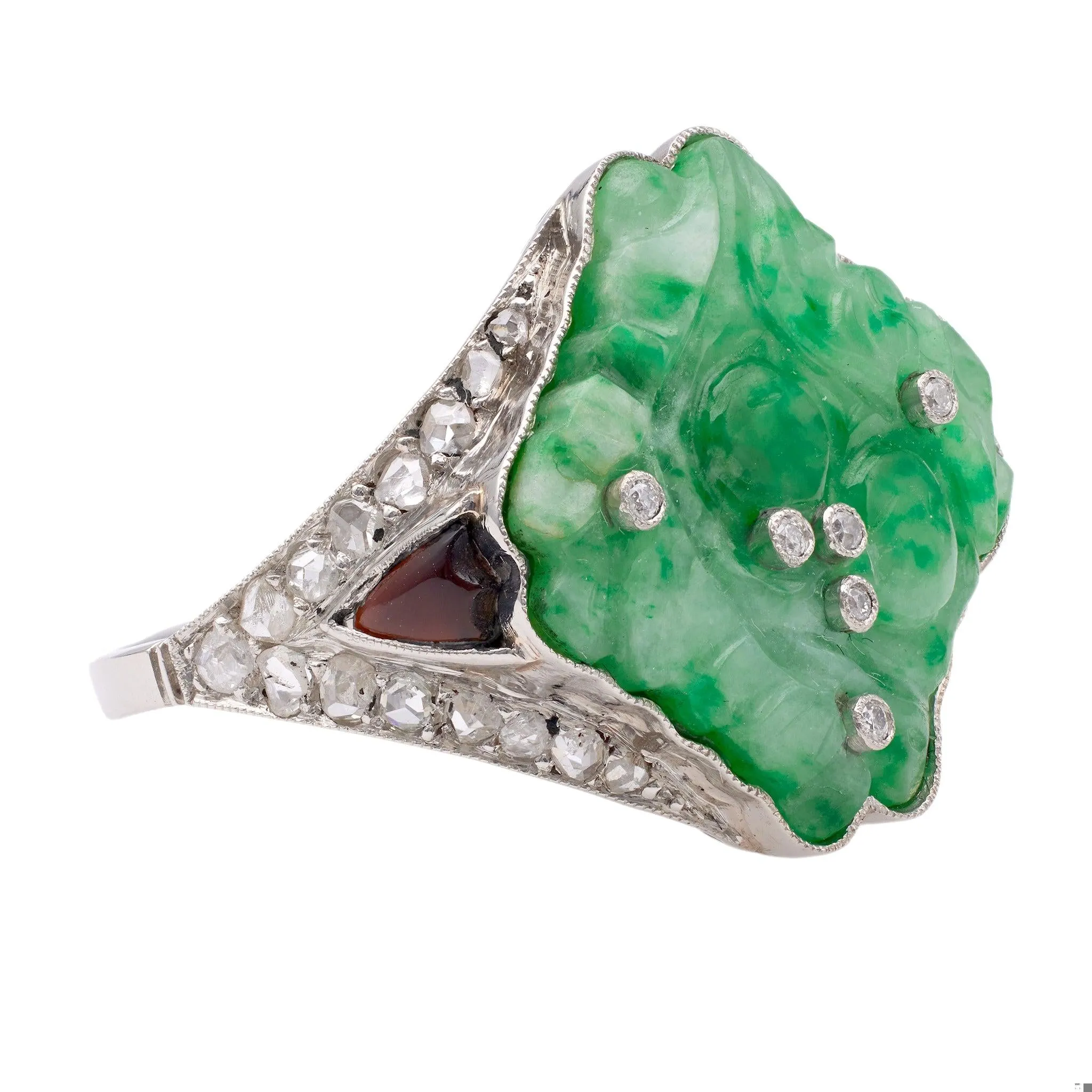 Art Deco Inspired Jade, Diamond, and Onyx Platinum Ring