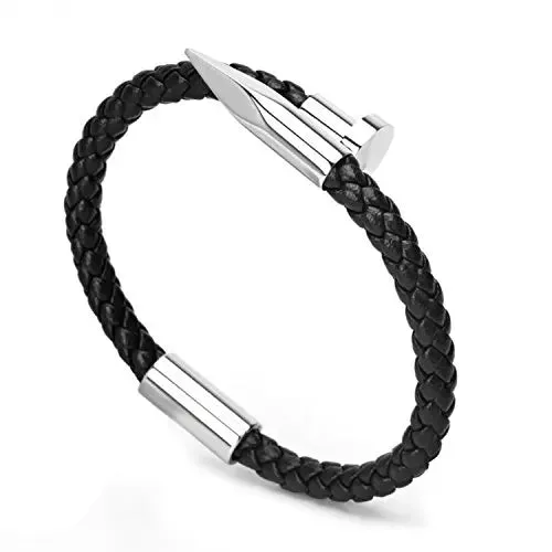 ARWEN&AJH GROUP مجموعة أروين التجارية 2024  Braided Leather Nail Bracelet for Men Women Stainless Steel Charm Cuff Wristband Bangle Black Popper Jewelry