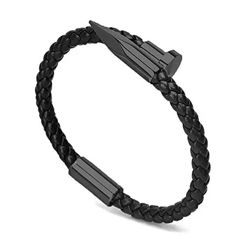 ARWEN&AJH GROUP مجموعة أروين التجارية 2024  Braided Leather Nail Bracelet for Men Women Stainless Steel Charm Cuff Wristband Bangle Black Popper Jewelry