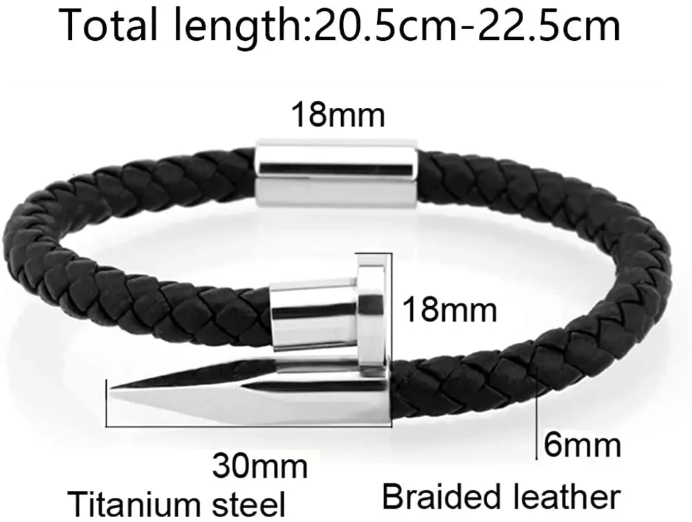 ARWEN&AJH GROUP مجموعة أروين التجارية 2024  Braided Leather Nail Bracelet for Men Women Stainless Steel Charm Cuff Wristband Bangle Black Popper Jewelry