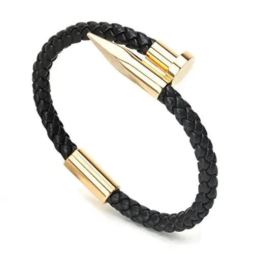ARWEN&AJH GROUP مجموعة أروين التجارية 2024  Braided Leather Nail Bracelet for Men Women Stainless Steel Charm Cuff Wristband Bangle Black Popper Jewelry