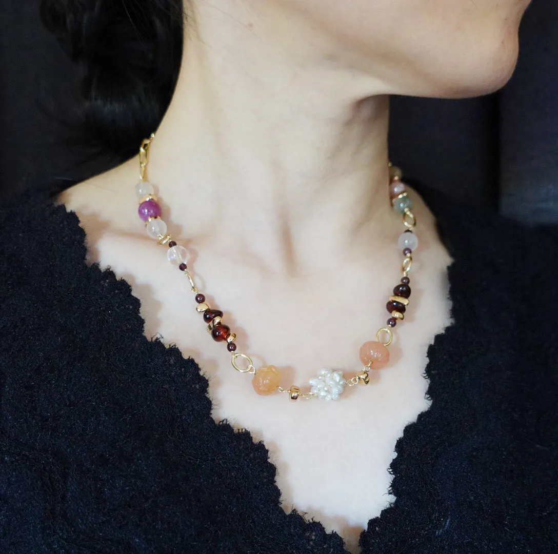 Autumn Gemstone and Pearl Station Necklace