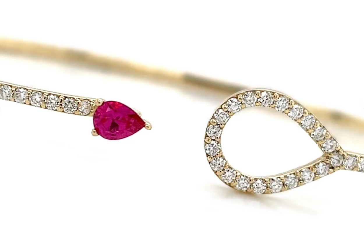 Bangle Bracelet 14kt Gold Pear Ruby & Diamonds