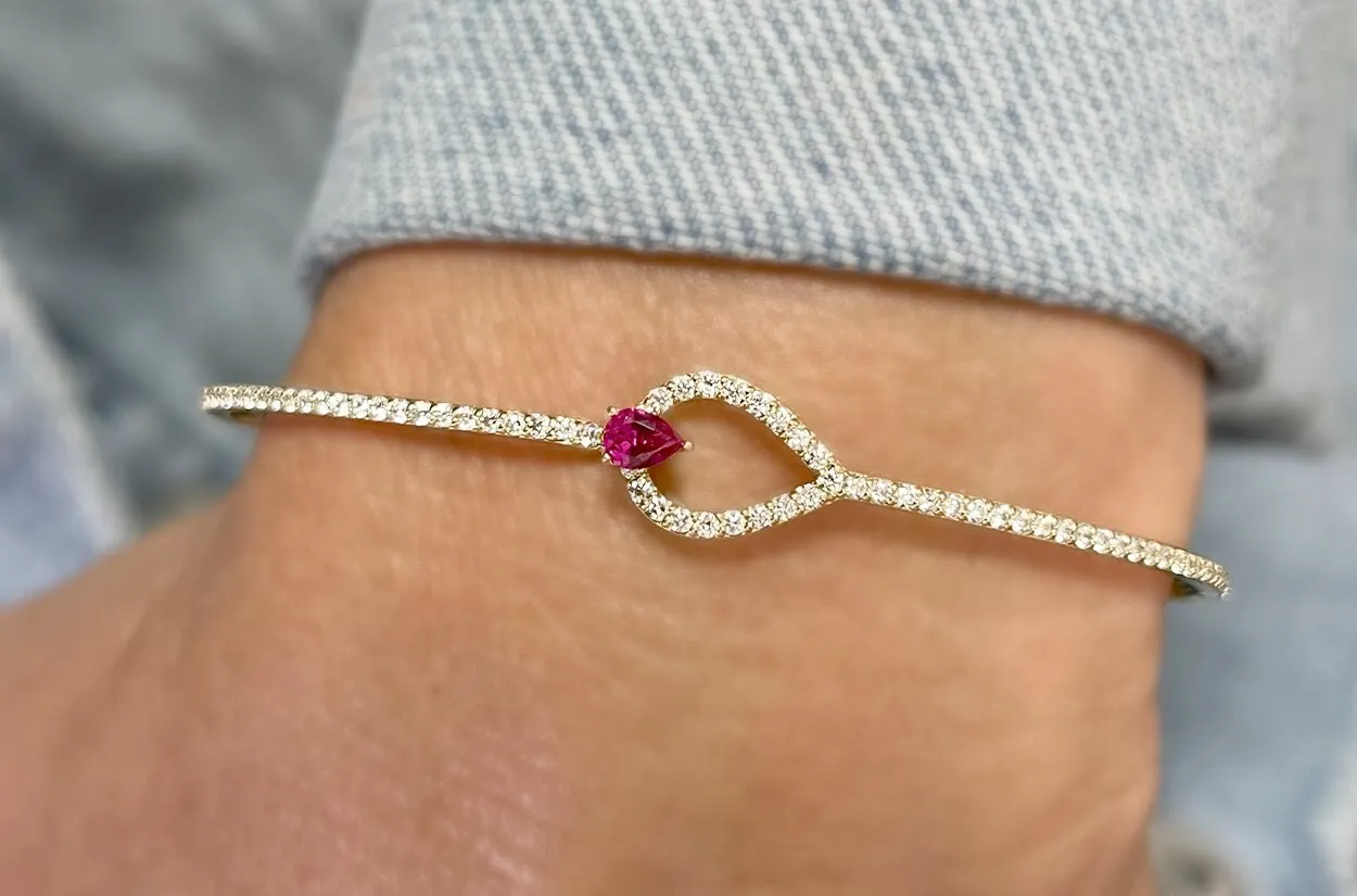 Bangle Bracelet 14kt Gold Pear Ruby & Diamonds