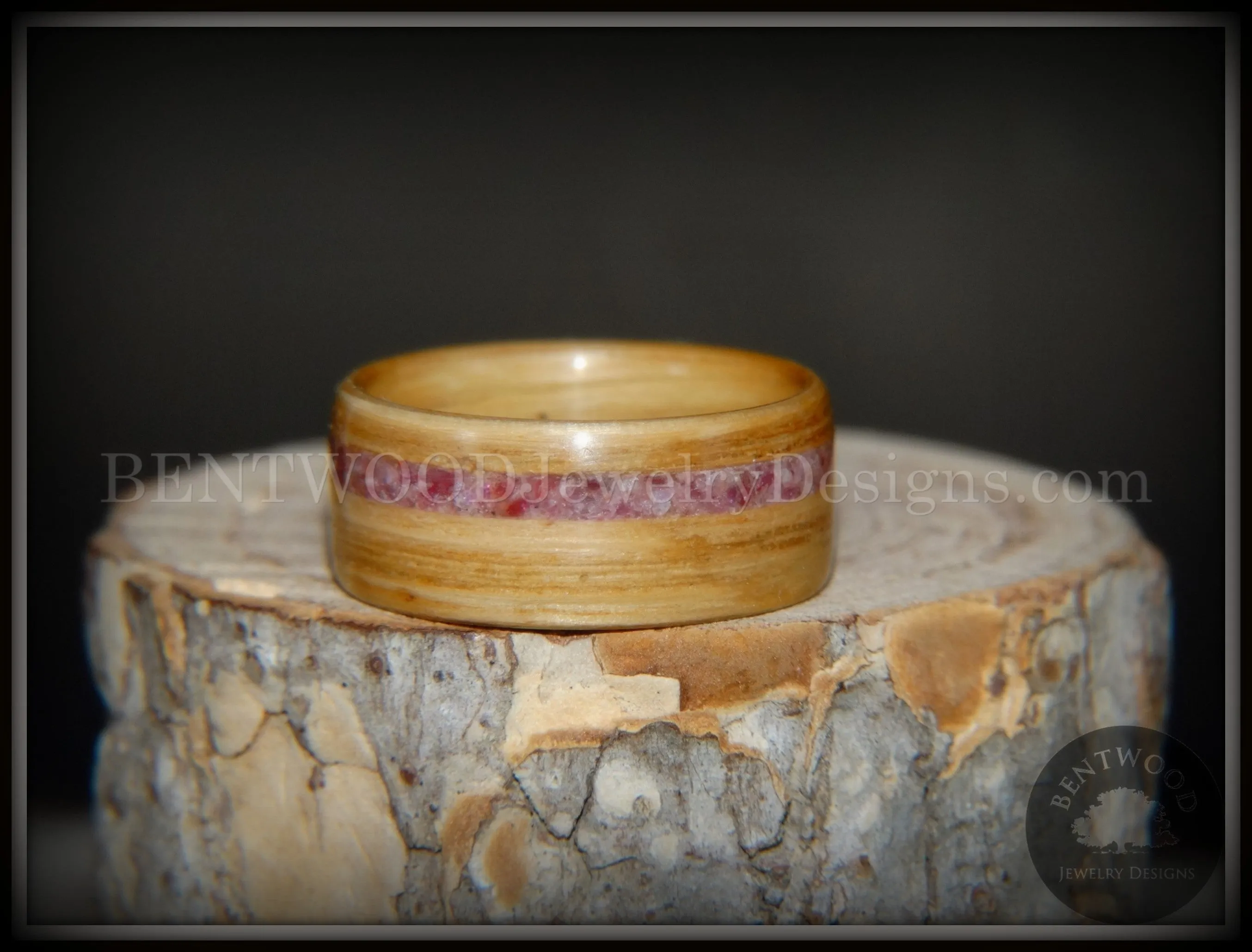 Bentwood Ring - "Ruby Rose" North American White Oak Ruby Inlay