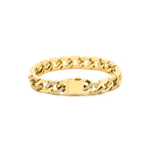 BG101G B.Tiff Pavé High Polish Flat Angular Cuban Link Gold Plated Stainless Steel Bracelet