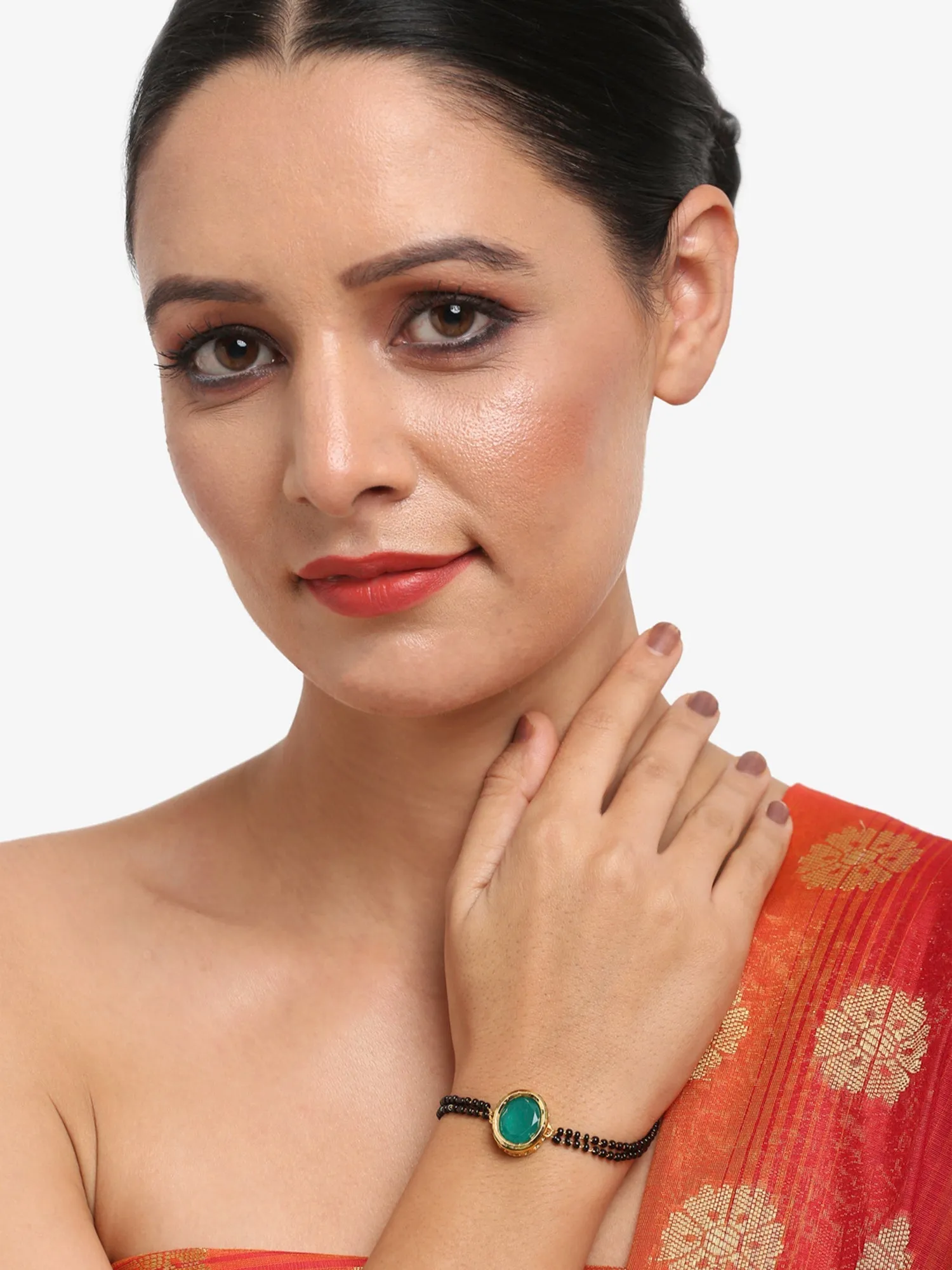 Black Gold-Plated Kundan Mangalsutra Bracelet - Ruby Raang