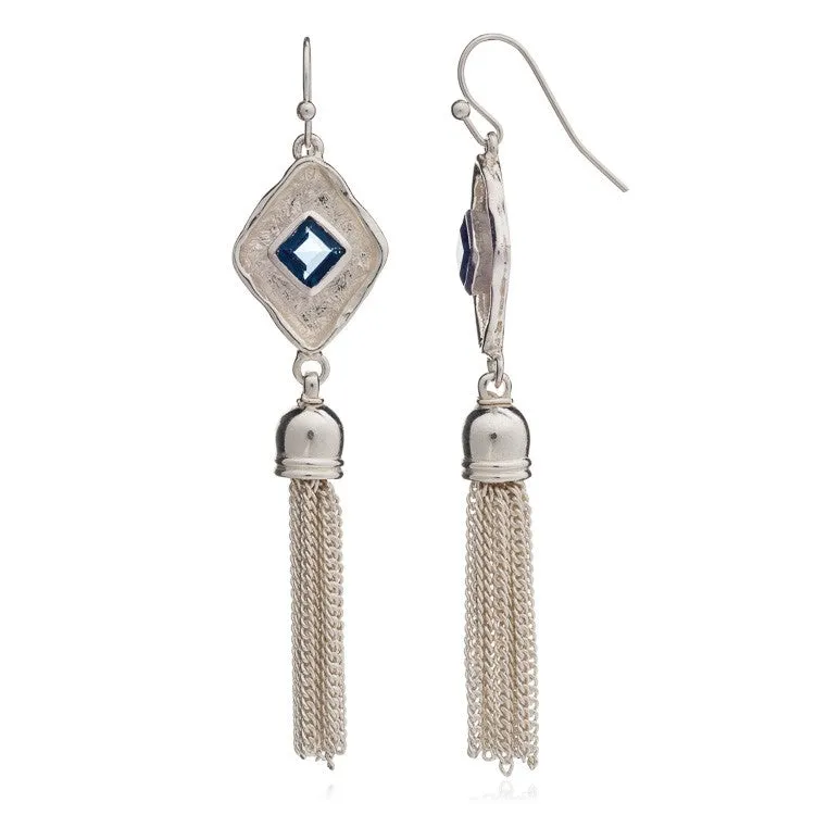 Blue Iolite Silver Diamond Tassel Earrings