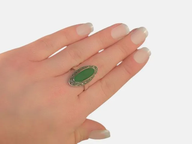Chalzedon Art Déco Ring, Sterlingsilber 1,60 CT Grün Chalzedon & Markasit Cocktail Ring
