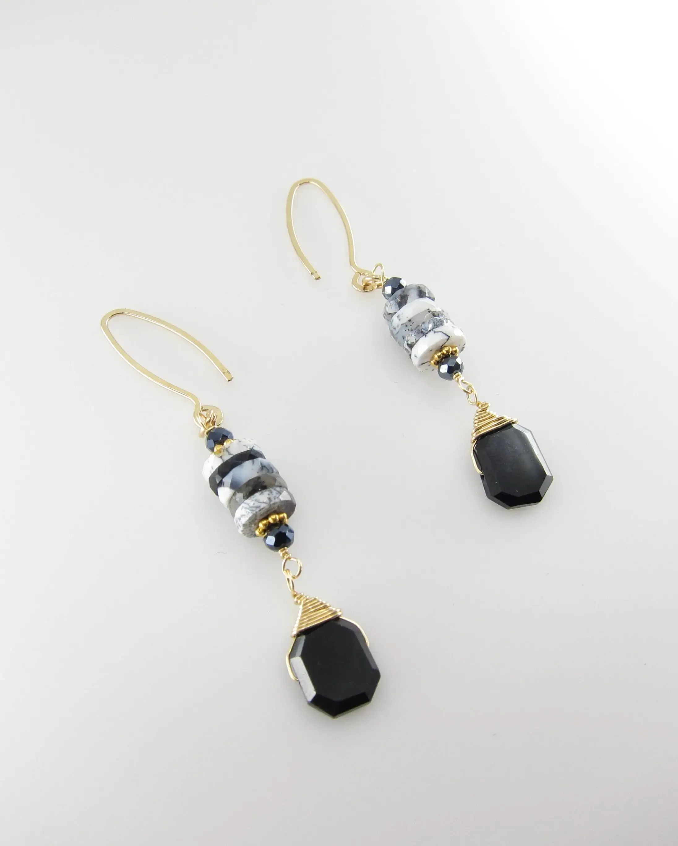 Dendrite Opal Stack and Faceted Black Spinel Earrings