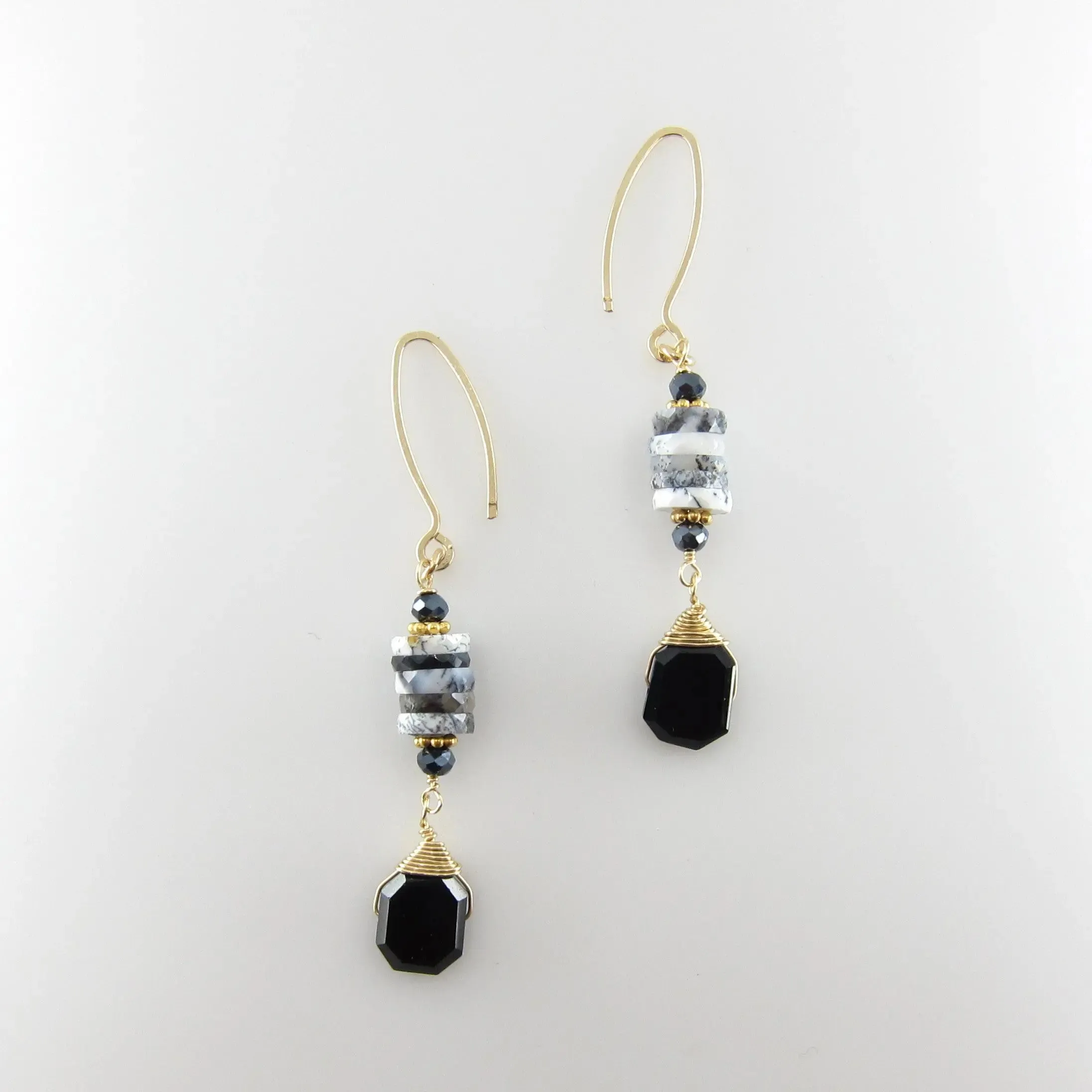 Dendrite Opal Stack and Faceted Black Spinel Earrings