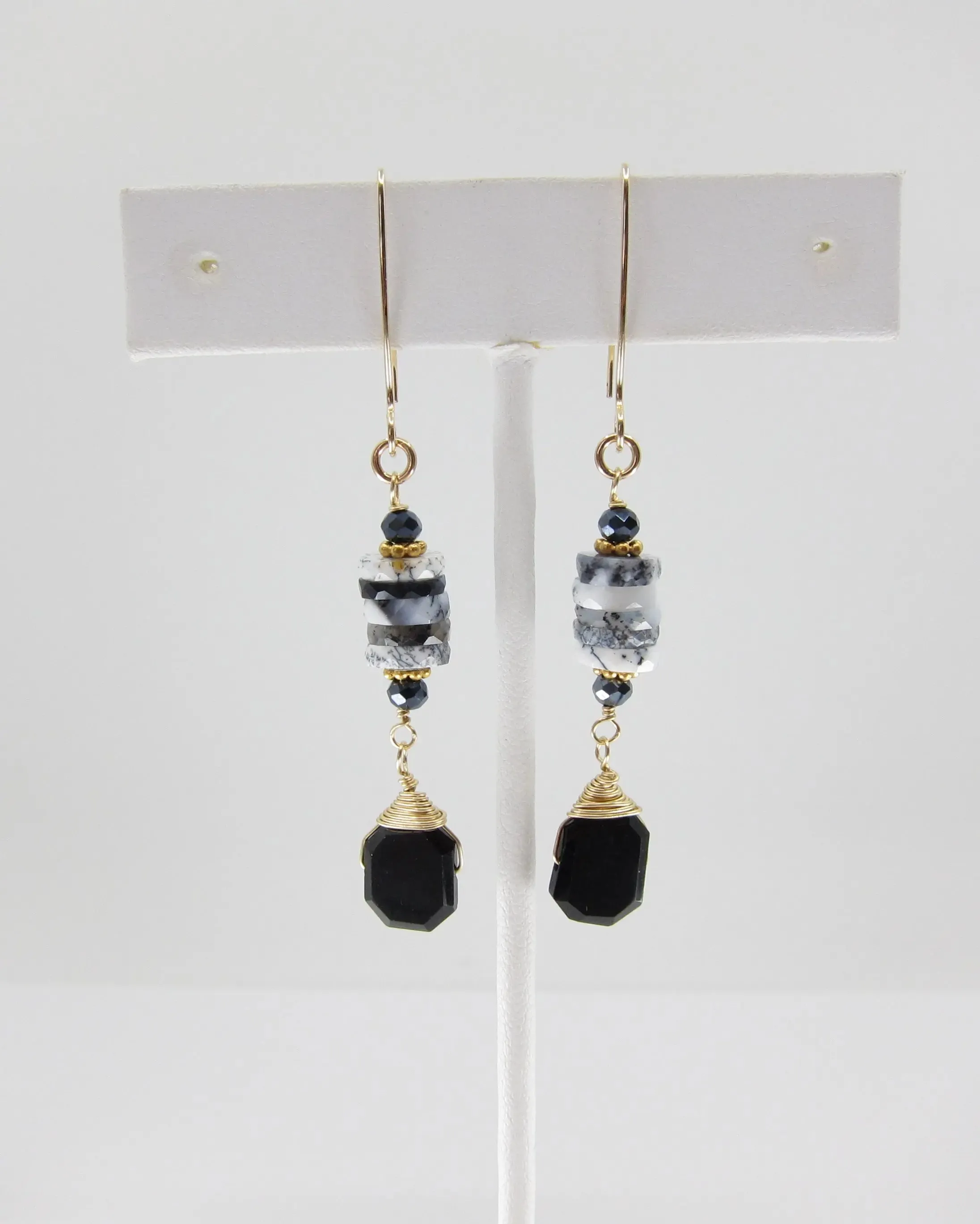 Dendrite Opal Stack and Faceted Black Spinel Earrings