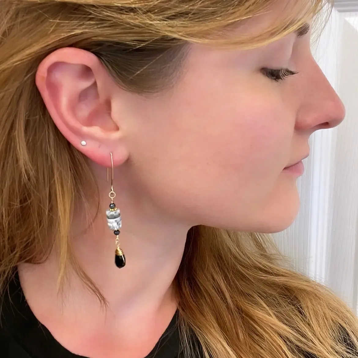 Dendrite Opal Stack and Faceted Black Spinel Earrings