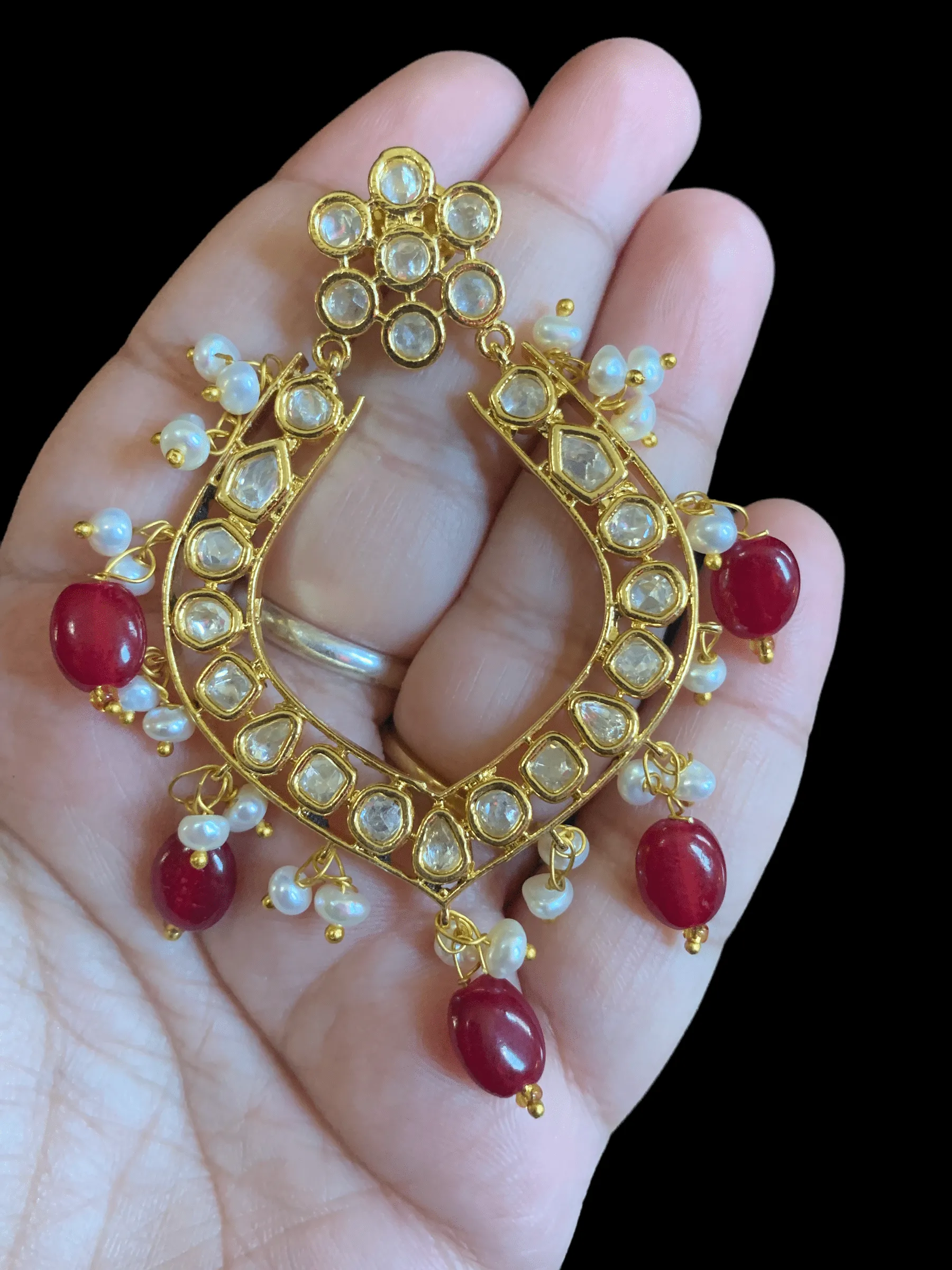 DER109 Elara polki earrings in fresh water pearls- ruby  ( READY TO SHIP )