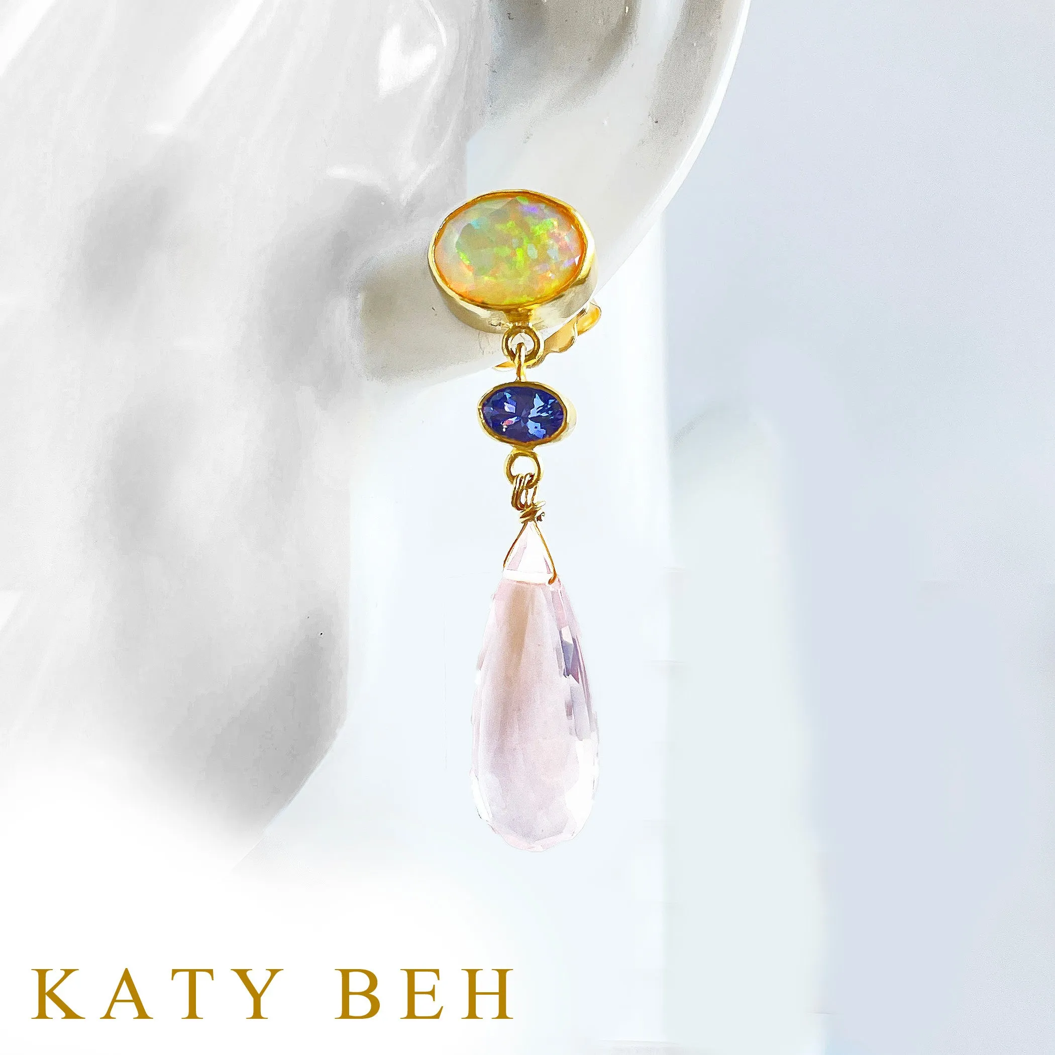 Desi Ethiopian Opal, Tanzanite and Rose Quartz Earrings