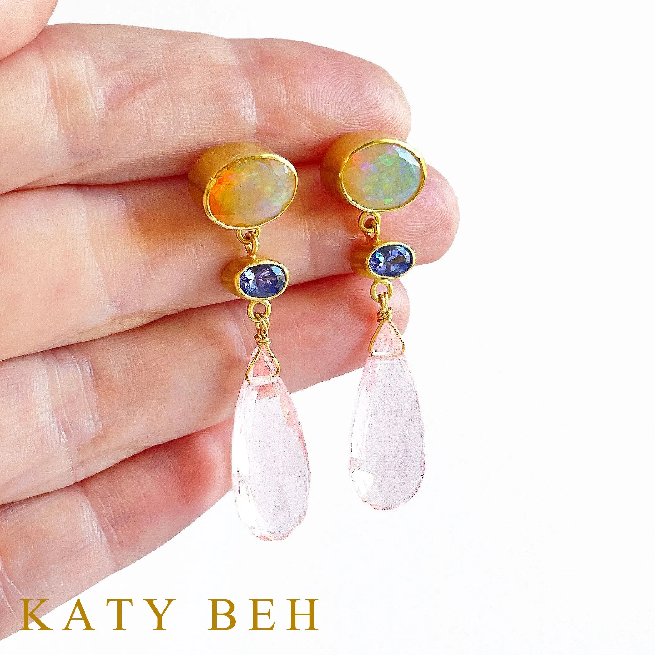 Desi Ethiopian Opal, Tanzanite and Rose Quartz Earrings