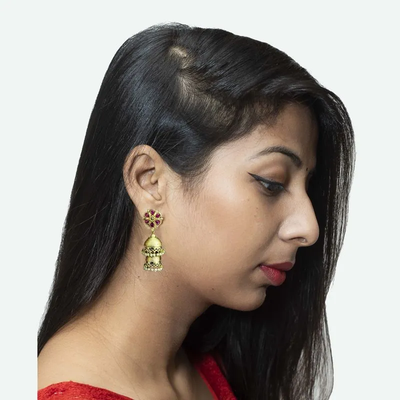 Elegant Double Layer Gold Look Jhumki With Ruby Stones And Pearl Latkan