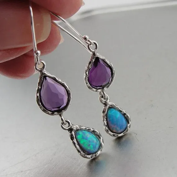 Hadar Jewelryl Handmade Gorgeous Silver Amethyst Opal Earrings (AS 41985