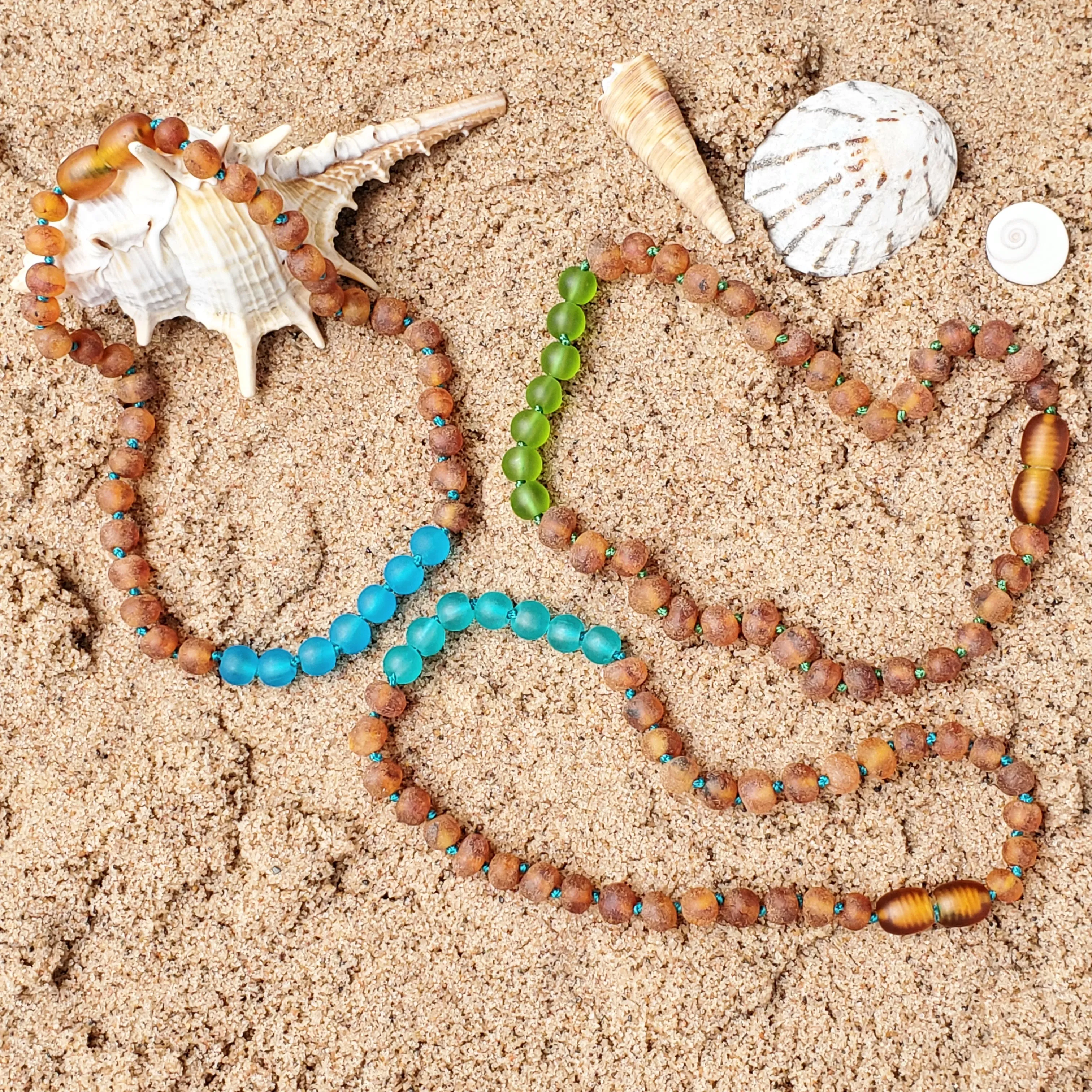 Kids | Marine Blue Sea Glass   Raw Cognac Amber Necklace