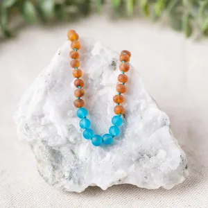 Kids | Marine Blue Sea Glass   Raw Cognac Amber Necklace