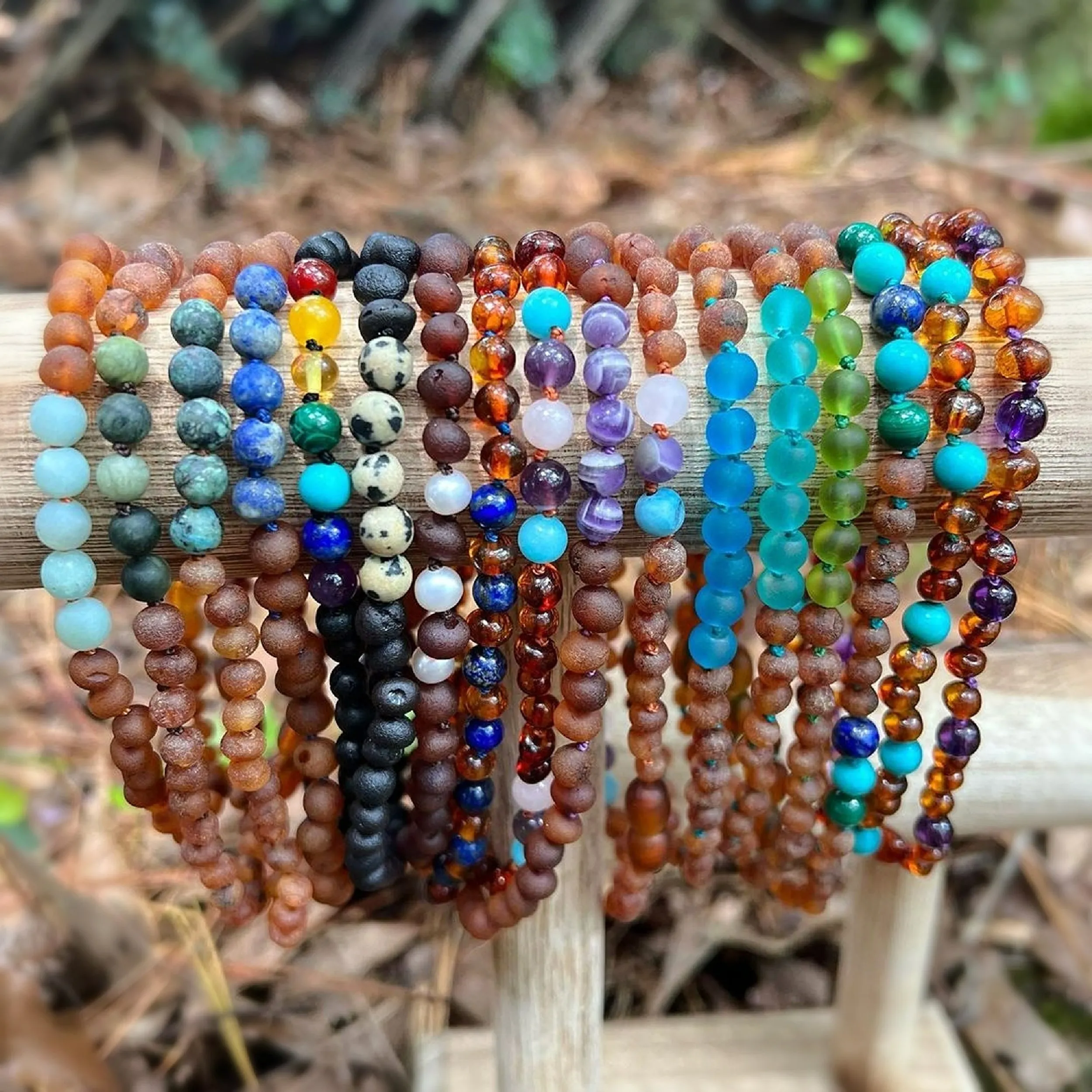 Kids | Marine Blue Sea Glass   Raw Cognac Amber Necklace