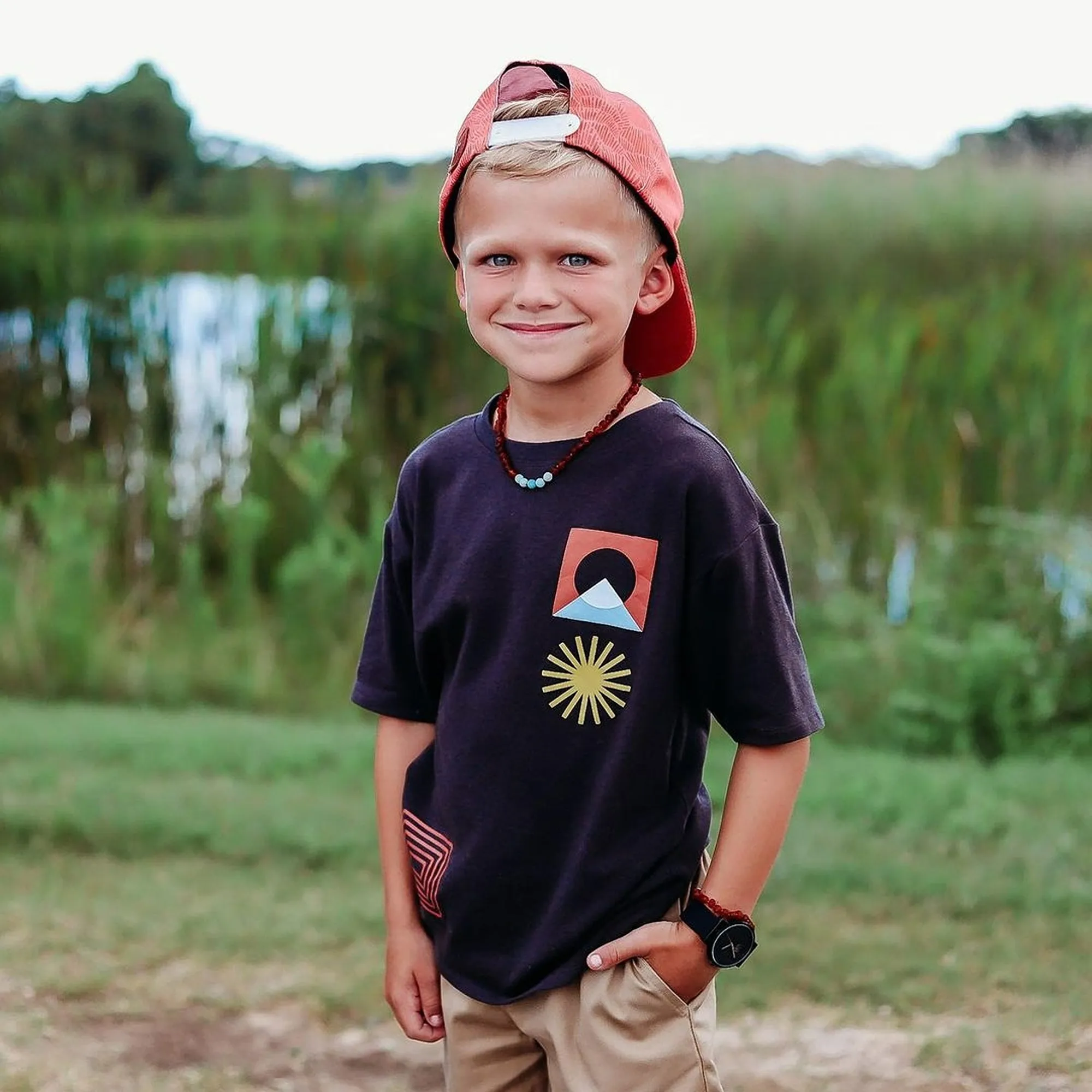 Kids | Marine Blue Sea Glass   Raw Cognac Amber Necklace