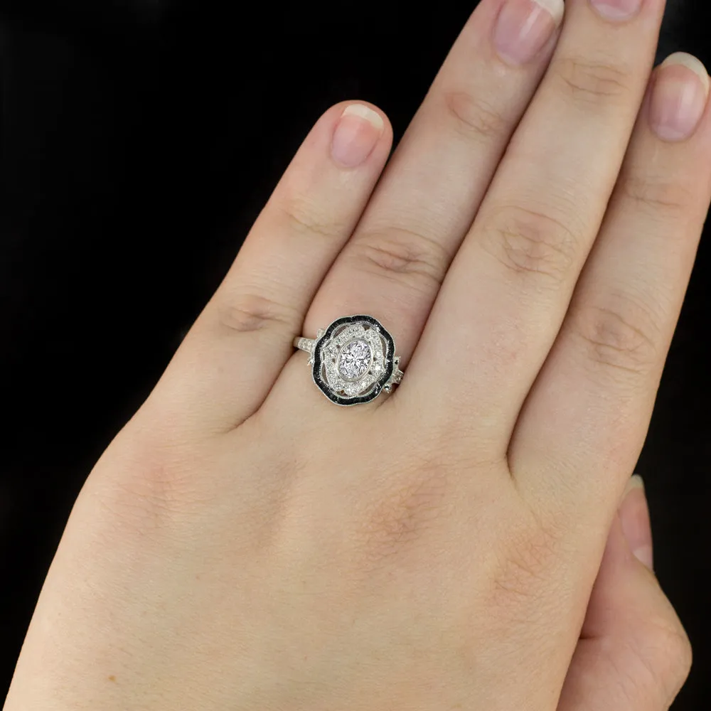 LAB CREATED DIAMOND ONYX COCKTAIL RING VINTAGE STYLE ART DECO 14k WHITE GOLD