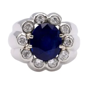 Mid-Century French Sapphire and Diamond Platinum Ring
