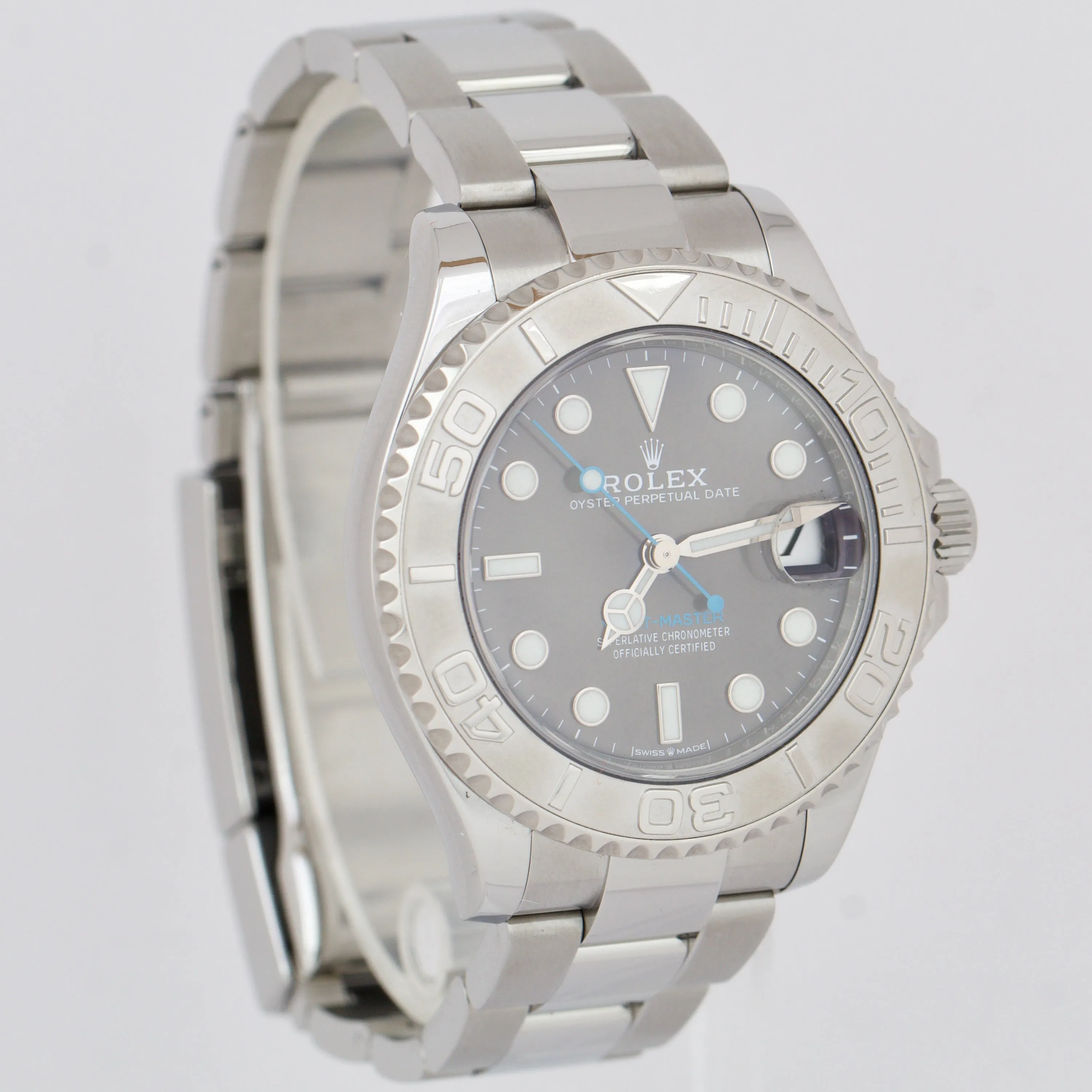 MINT Rolex Yacht-Master Midsize Steel RHODIUM Blue Gray Date 37mm Watch 268622