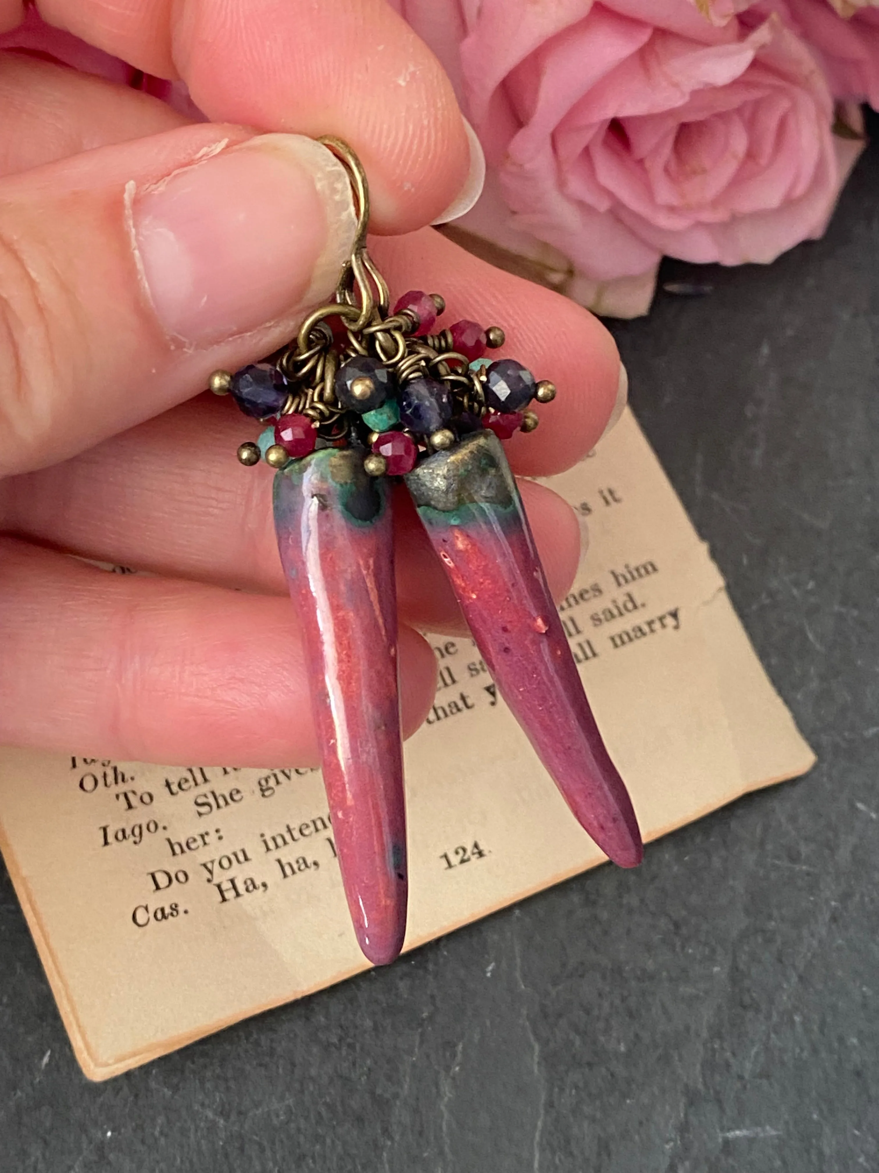 Mixed gemstones, handmade ceramic charms, bronze metal, earrings. Ruby, blue and amazonite