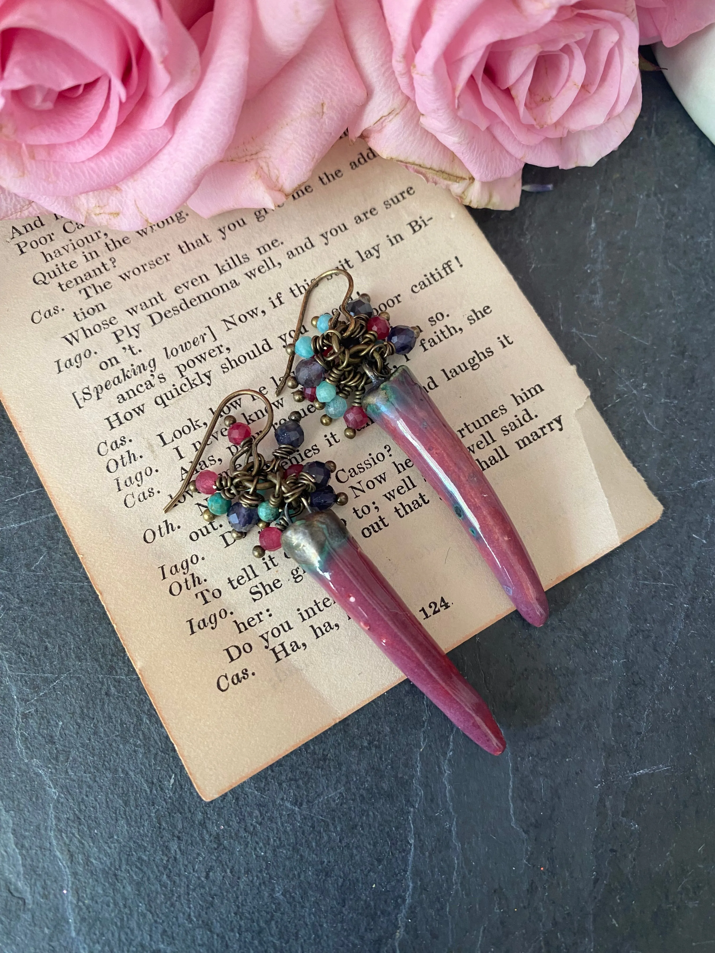 Mixed gemstones, handmade ceramic charms, bronze metal, earrings. Ruby, blue and amazonite