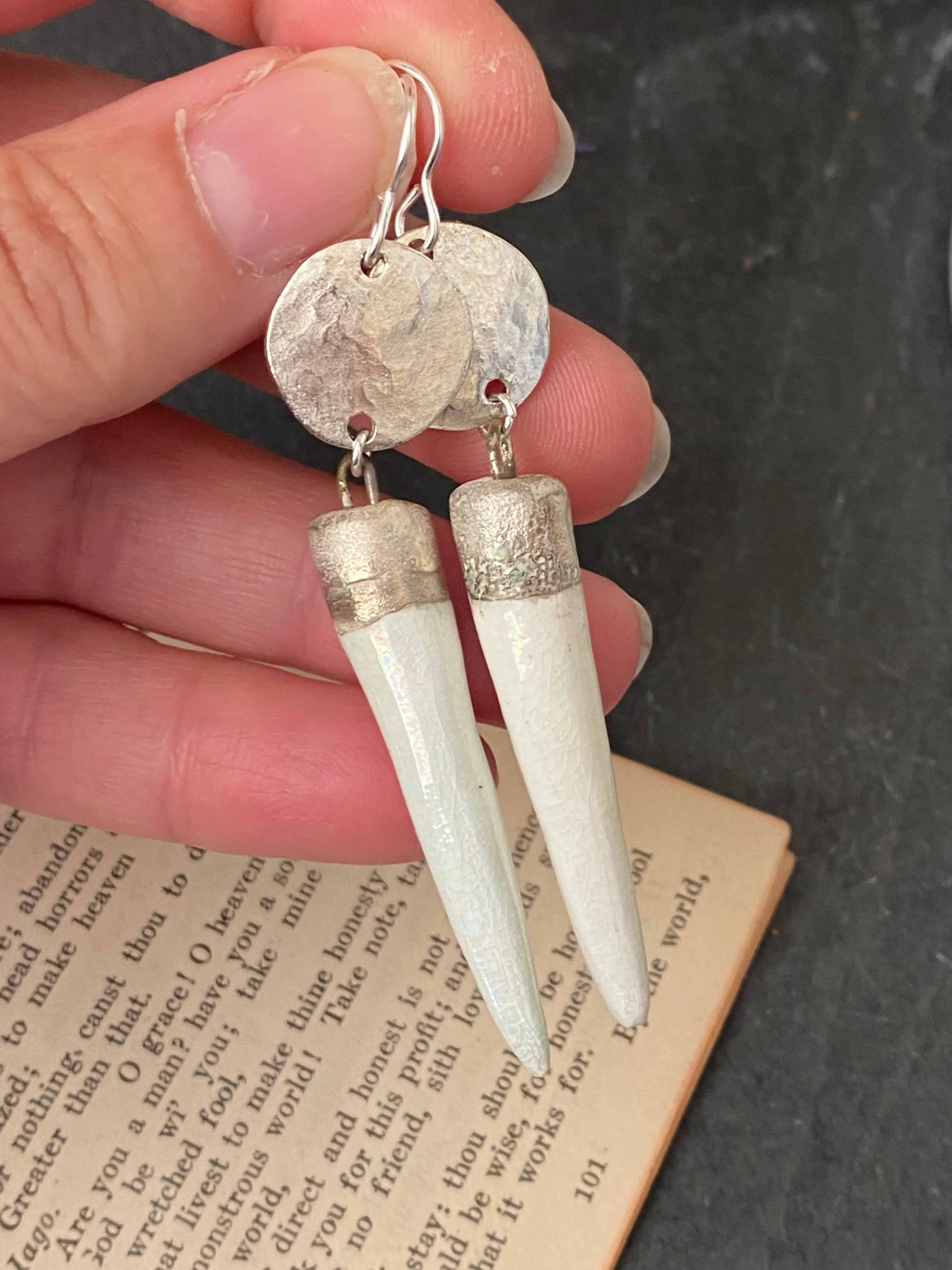Mixed gemstones, handmade ceramic charms, bronze metal, earrings. Ruby, blue and amazonite