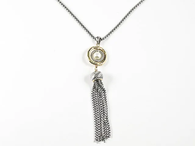 Modern Unique Center Pearl With Tassel Long Design Brass Necklace