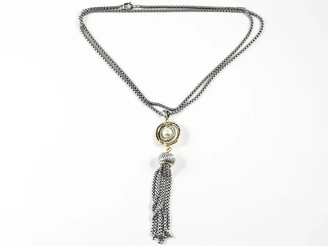 Modern Unique Center Pearl With Tassel Long Design Brass Necklace