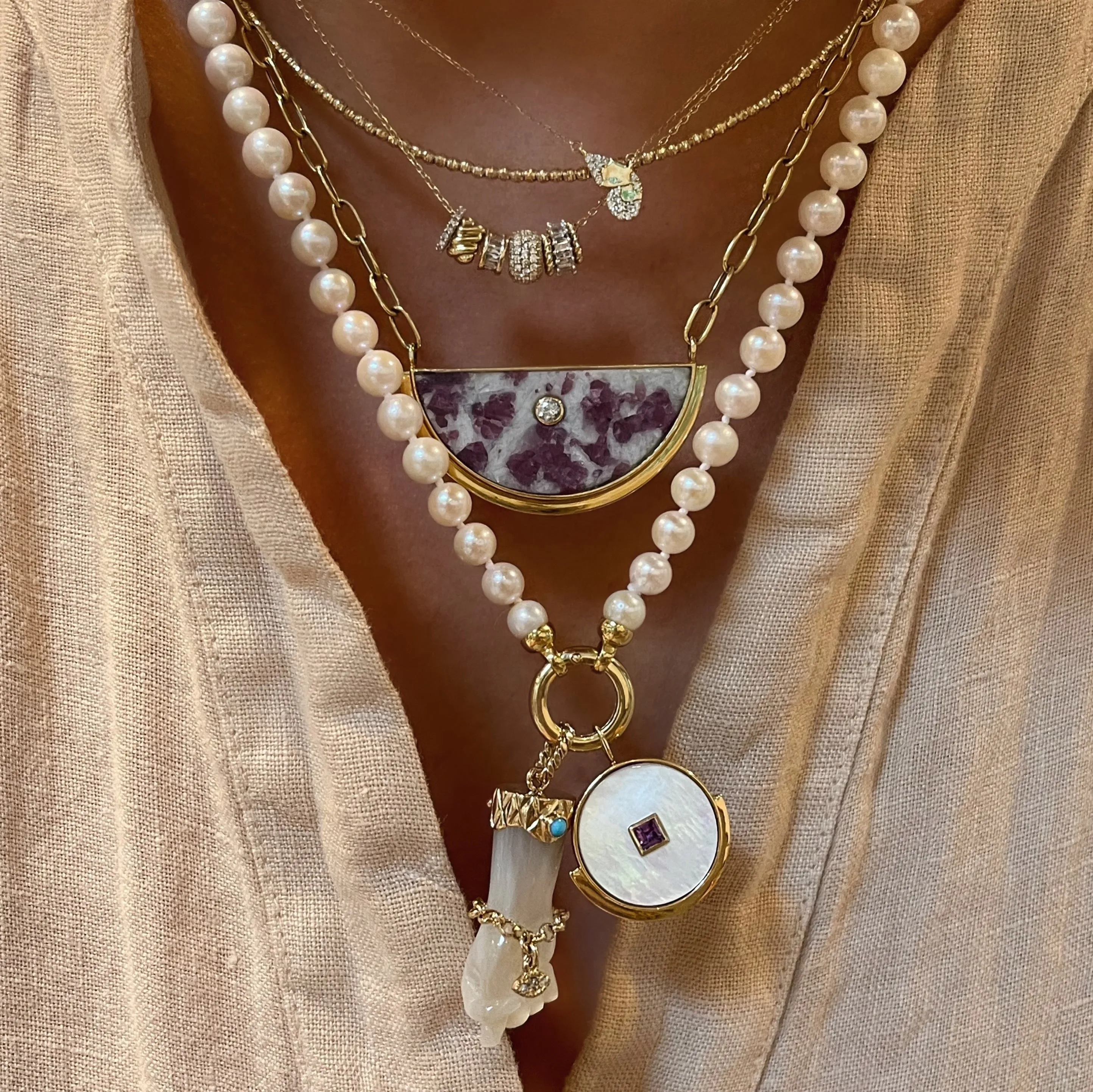 Mother of Pearl and Gemstone Figa Charm Pendant