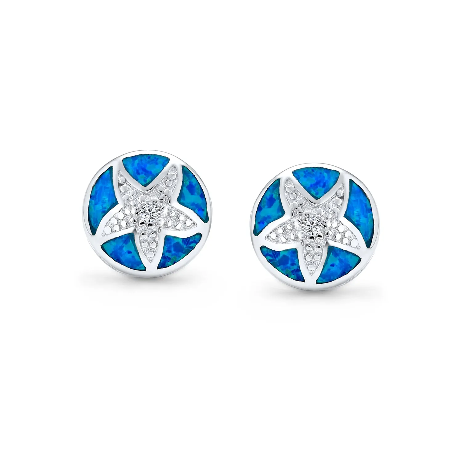 Nautical Starfish Stud Earrings with Blue Opal Inlay in Sterling Silver