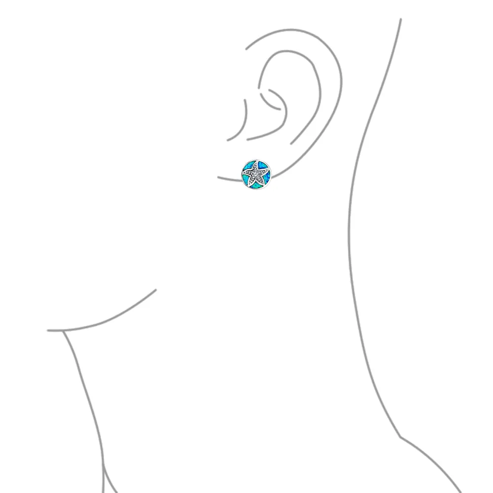 Nautical Starfish Stud Earrings with Blue Opal Inlay in Sterling Silver